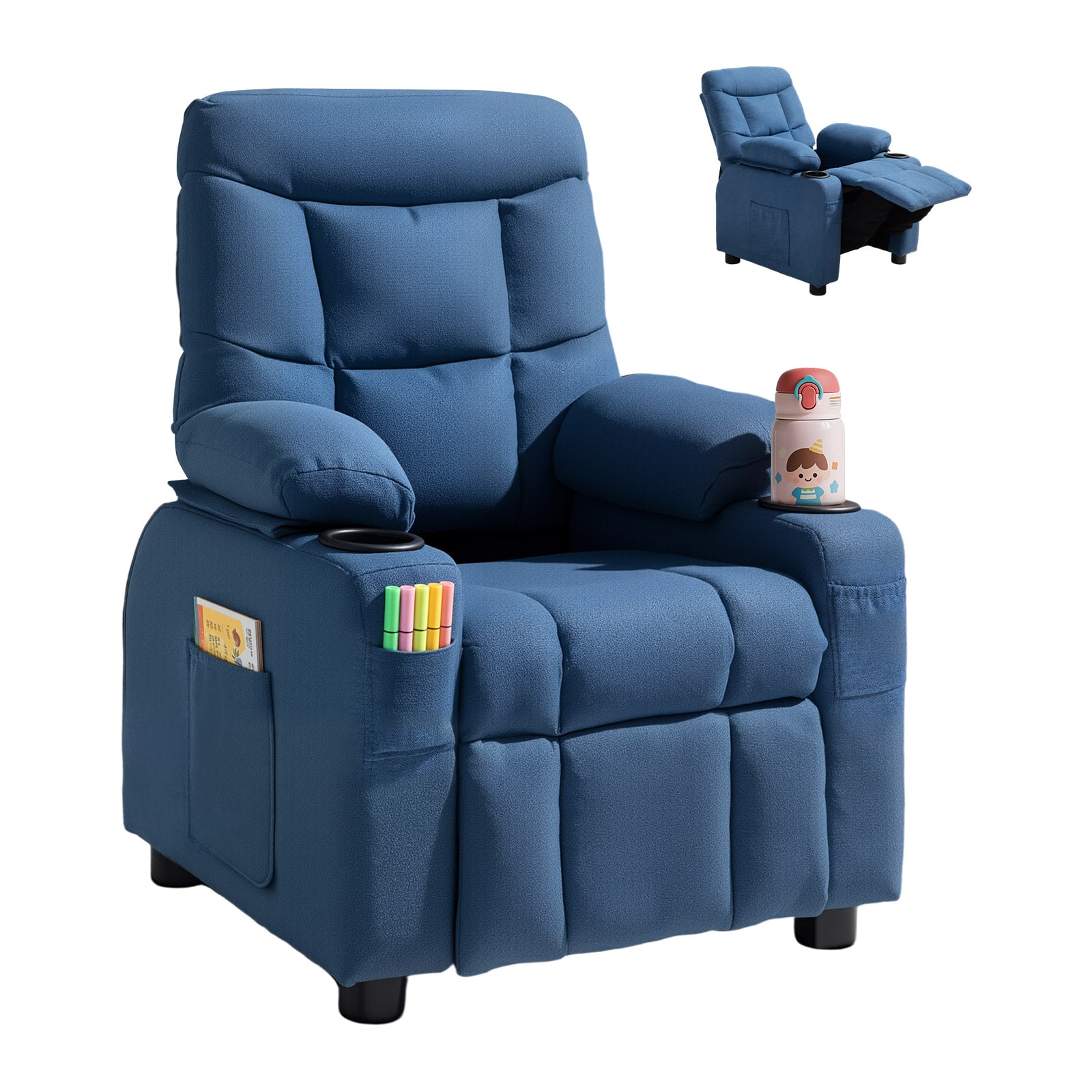 Front. VEVOR - Kids Reclining Chair, Toddler Recliner with Cup Holders and Pockets, 107° to 126° Adjustable Backrest - Blue.