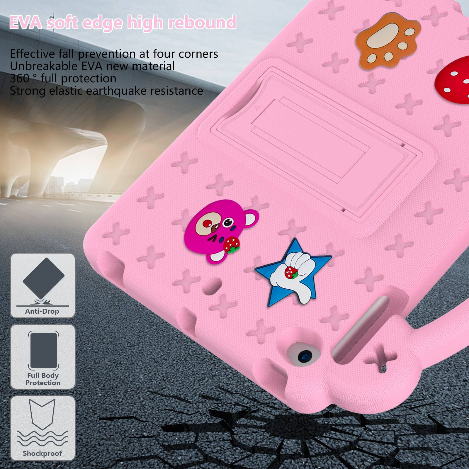 EVA soft edge high rebound  
Effective fall prevention at four corners  
Unbreakable EVA new material  
360° full protection  
Strong elastic earthquake resistance  
Anti-Drop  
Full Body Protection  
Shockproof