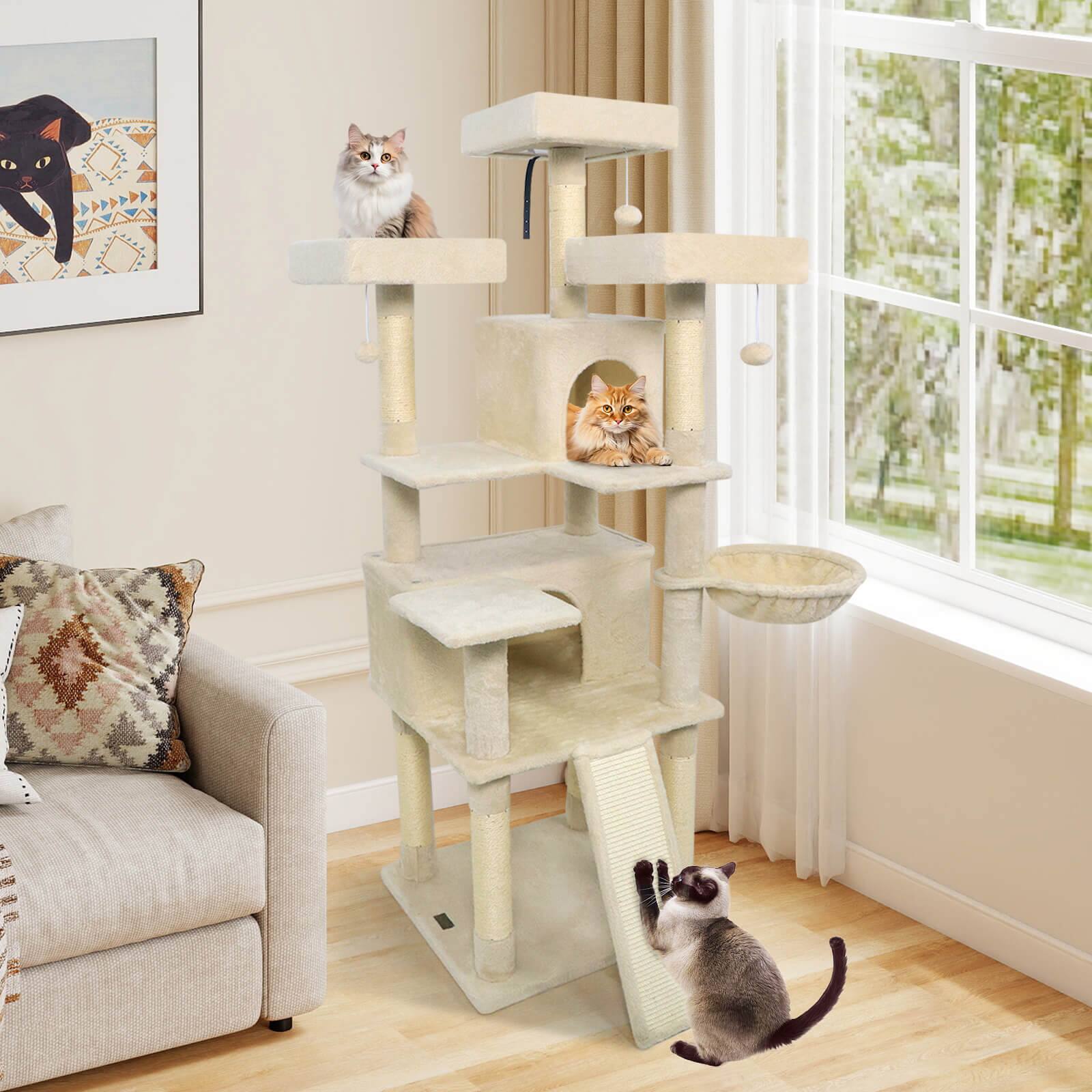 Alt View 3. Costway - Costway 65" Tall Multi-level Cat Tree with 3 Upholstered Top Perch 2 Cat Condos Cat Basket.