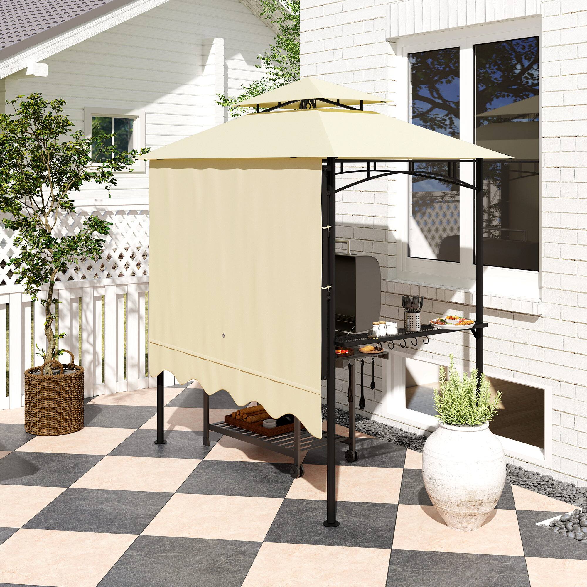 Alt View 4. Outsunny - 8' x 5' Grill Gazebo, Double Tiered Outdoor BBQ Gazebo with Side Awning, 2 Side Shelves and 6 Hooks for Patio, Deck - Beige.