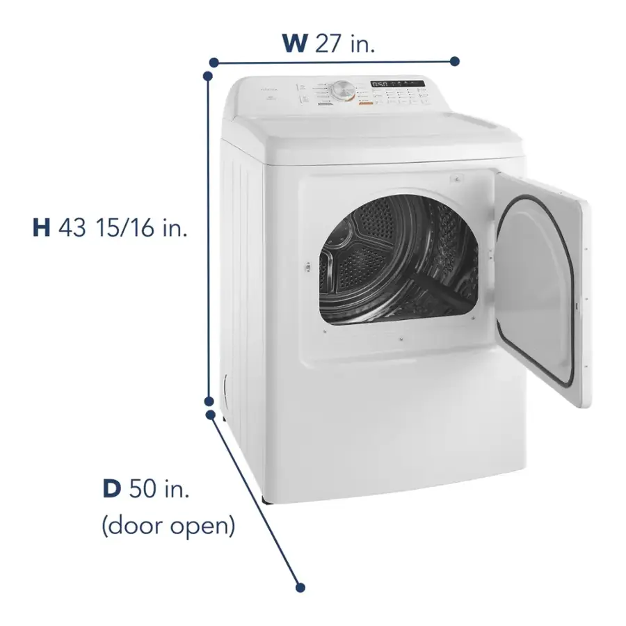 The text on the image reads: "W 27 in. 1C d H 43 15/16 in. D 50 in. (door open)". This text describes the dimensions of the washing machine, including the drum size, door size, and overall dimensions. The drum size is 27 inches, the door size is 43 15/16 inches, and the overall dimensions are 50 inches.