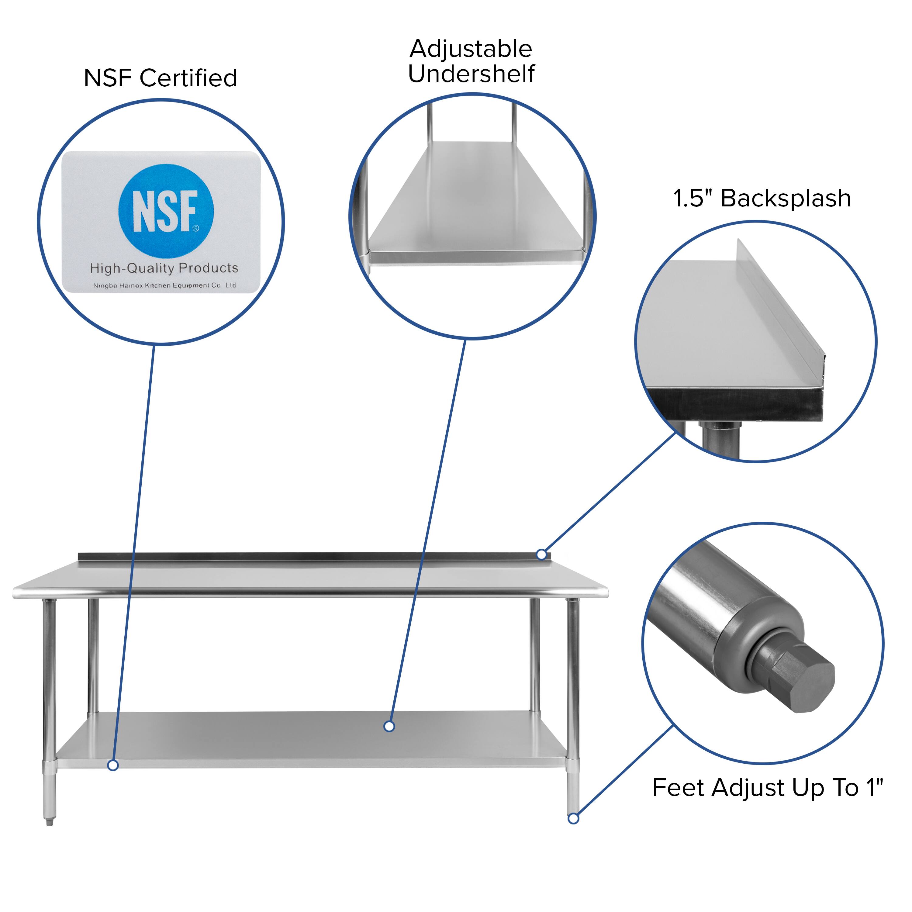NSF Certified Adjustable Undershelf  
1.5" Backsplash  
High-Quality Products  
Feet Adjust Up To 1"