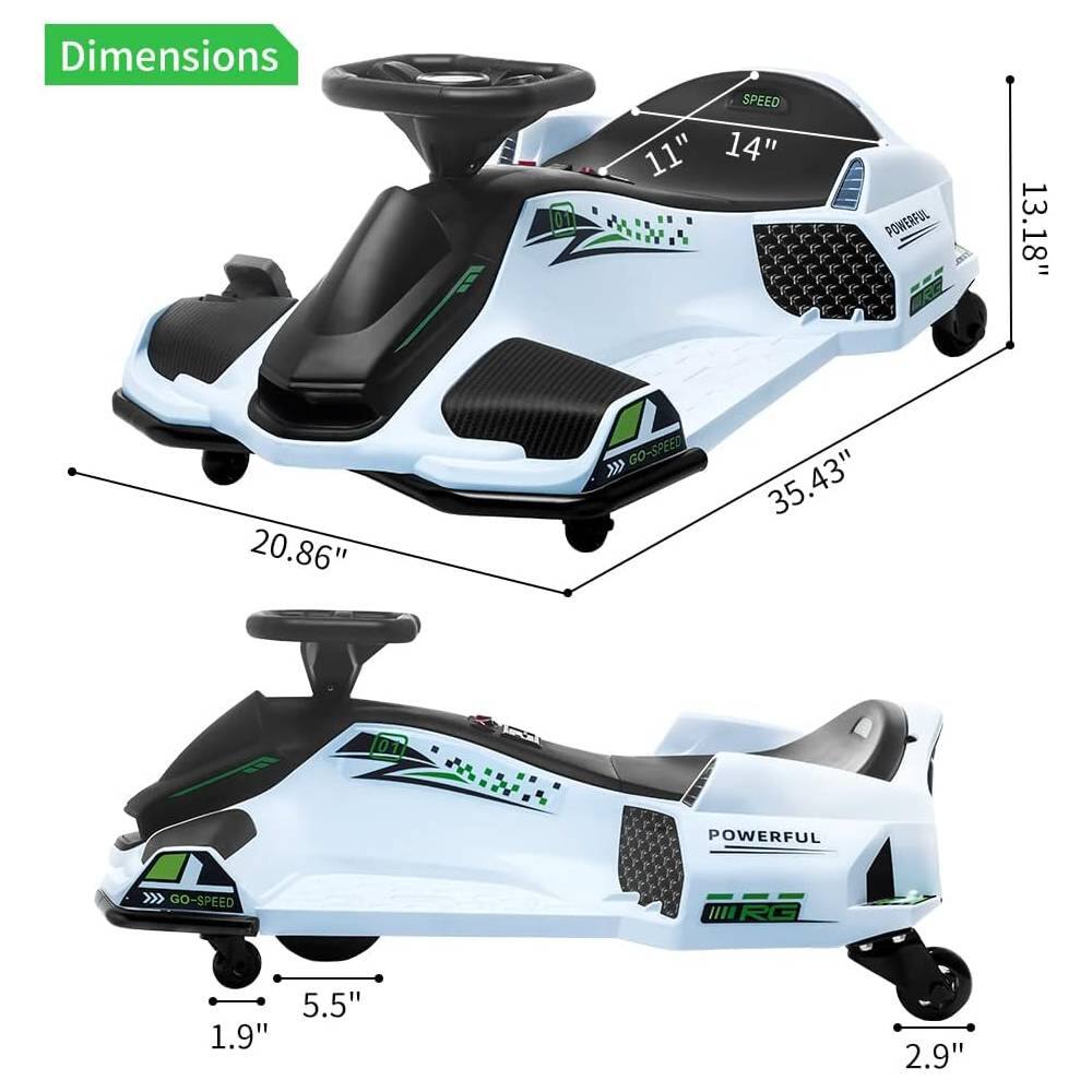 Dimensions  
- Length: 35.43"  
- Width: 20.86"  
- Height: 13.18"  
- Seat Height: 11"  
- Seat Width: 14"  
- Wheel Diameter: 2.9"  
- Wheelbase: 5.5"  
- Front Wheel Diameter: 1.9"  

Features:  
- Powerful  
- Go-Speed
