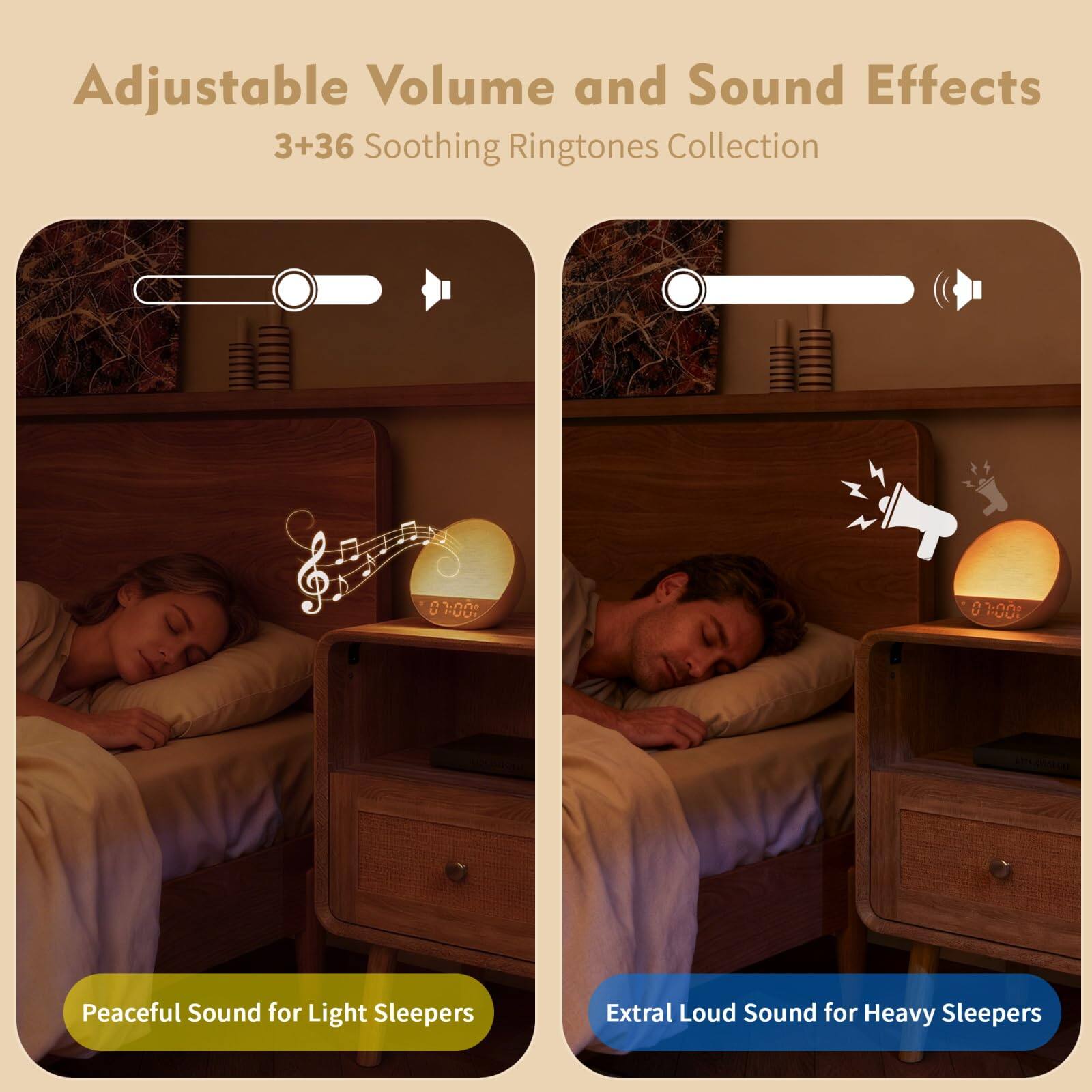 Adjustable Volume and Sound Effects  
3+36 Soothing Ringtones Collection  

Peaceful Sound for Light Sleepers  

Extra Loud Sound for Heavy Sleepers