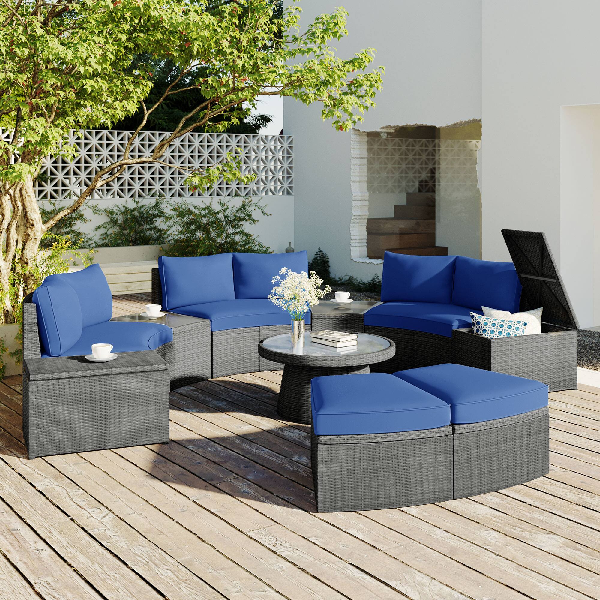Angle. Tiramisubest - 10-Piece Outdoor Sectional Half Round Patio Rattan Sofa Set,PE Wicker Conversation Set for Free Combination,Blue - Blue.