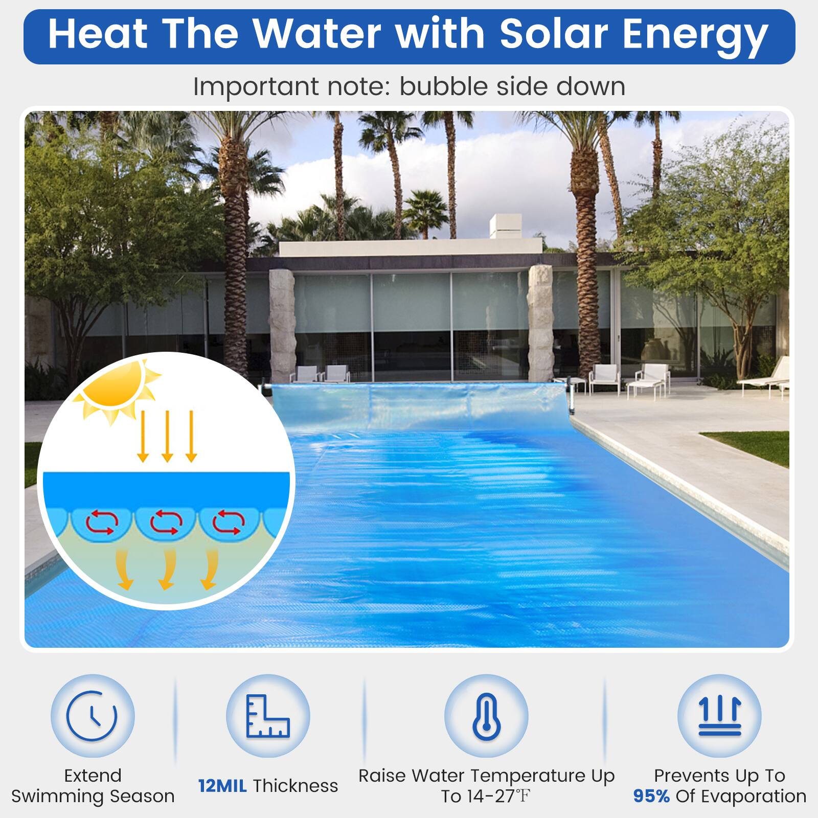 Heat The Water with Solar Energy  
Important note: bubble side down  

- Extend Swimming Season  
- 12MIL Thickness  
- Raise Water Temperature Up To 14-27°F  
- Prevents Up To 95% Of Evaporation