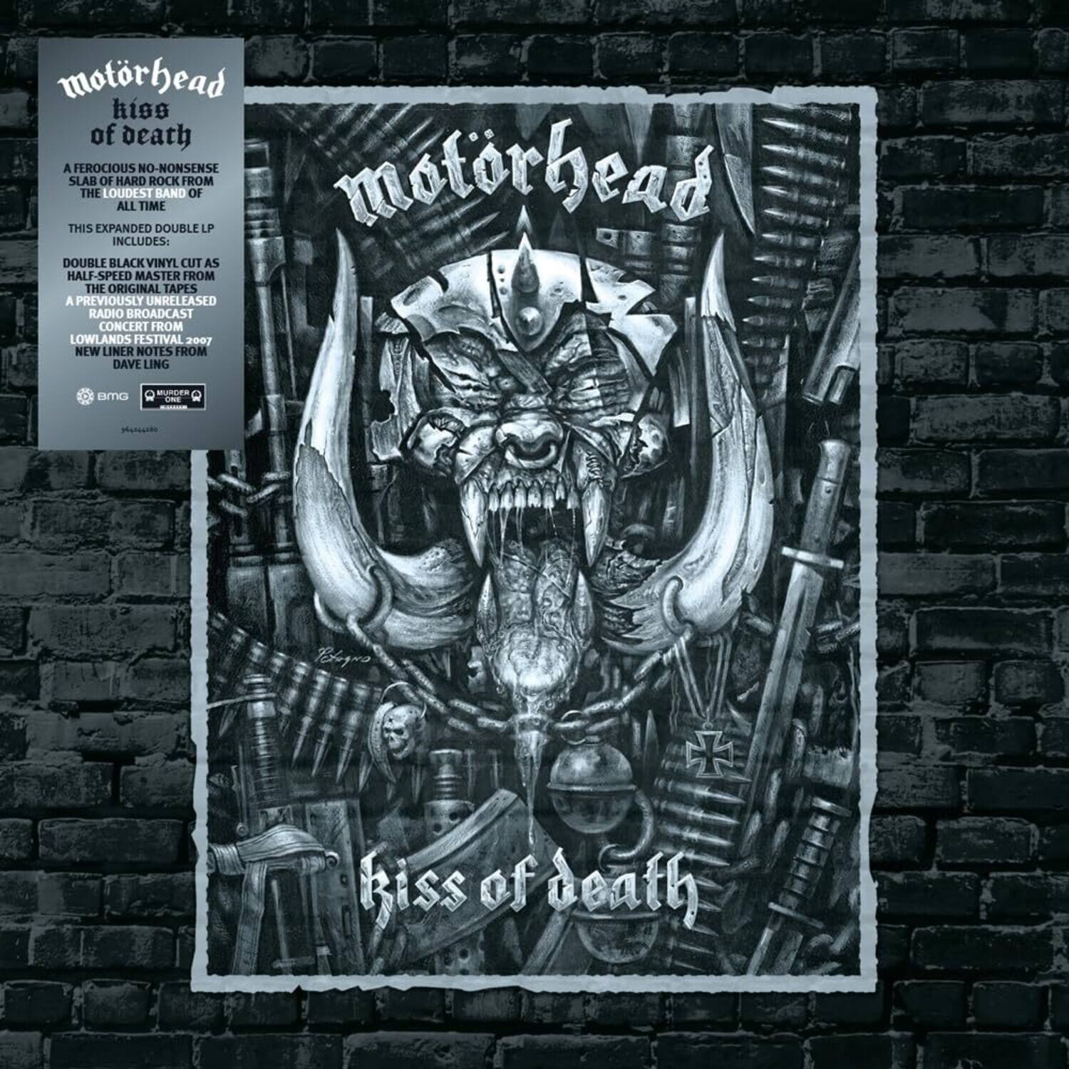 Motorhead "Kiss of Death" - A ferocious no-nonsense slab of hard rock from the loudest band of all time. This expanded double LP includes: Double black vinyl cut as half-speed master from the original tapes. A previously unreleased radio broadcast concert from Lowlands Festival 2007. New liner notes from Dave Ling.