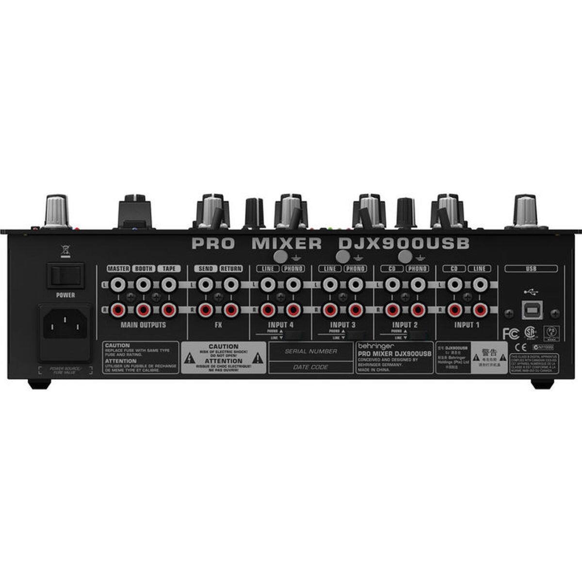 PRO MIXER DJX900USB

MASTER BOOTH TAPE SEND RETURN LINE PHONO LINE PHONO CO PHONO CO LINE USB

POWER

MAIN OUTPUTS

CAUTION REPLACE FUSE WITH SAME TYPE ATTENTION REMPLACE LE FUSE PAR UN FUSE DE MEME TYPE

FX

INPUT 4 INPUT 3 INPUT 2 INPUT 1

SERIAL NUMBER MIXER DJX900USB

CONSTRUCTED AND DESIGNED BY BEHRINGER

DATE CODE

MADE IN CHINA

FC SC

CE

BEHRINGER PRO MIXER DJX900USB

CONSTRUCTED AND DESIGNED BY BEHRINGER

MADE IN CHINA