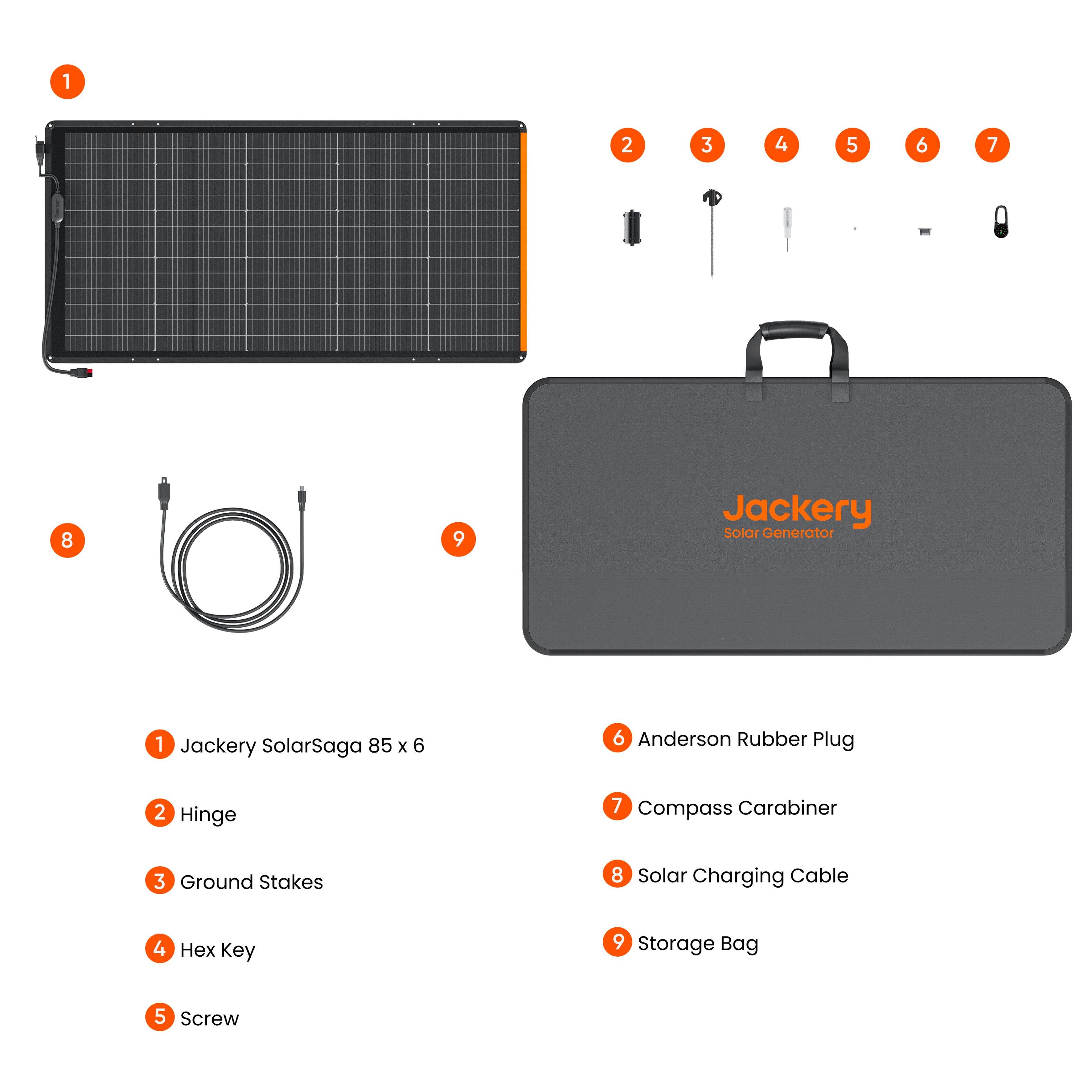 1. Jackery Solar Generator 1
2. Anderson Rubber Plug
3. Hinge
4. Compass Carabiner
5. Ground Stakes
6. Solar Charging Cable
7. Hex Key
8. Storage Bag
9. Screw
