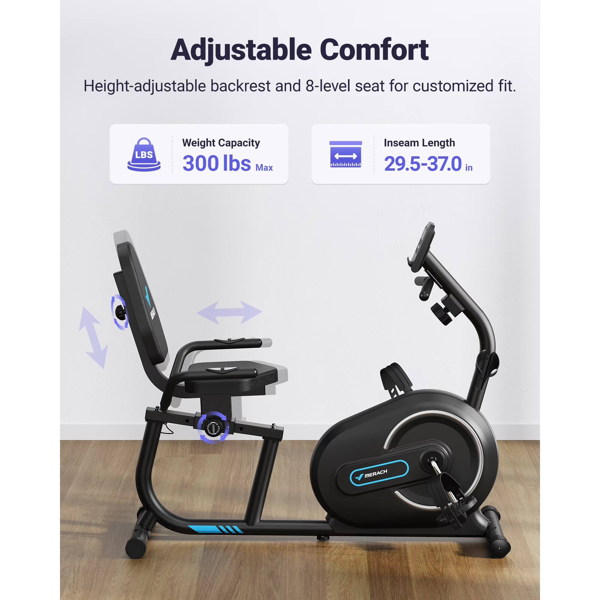Adjustable Comfort  
Height-adjustable backrest and 8-level seat for customized fit.  

Weight Capacity: 300 lbs Max  
Inseam Length: 29.5-37.0 in