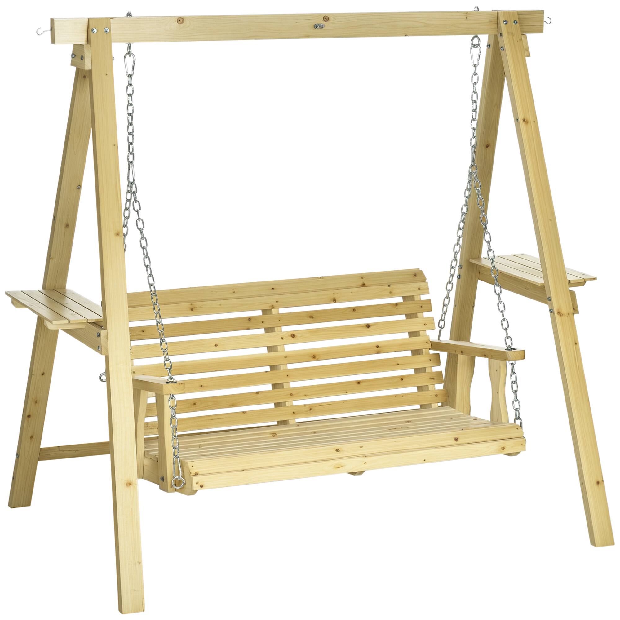 Outsunny - 2-Seat orch Swing with Stand Wooden Patio Swing Chair with Side Tables and Metal Chains - Natural wood finish