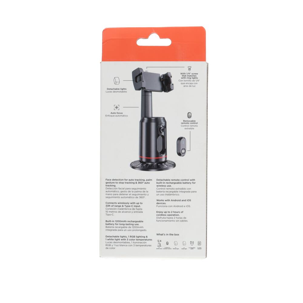 - Detachable lights
- Auto focus
- Face detection for auto tracking, palm gesture to stop tracking & 360° auto tracking
- Connects wirelessly with up to 33ft range & Type-C input
- Built-in 1200mAh rechargeable battery for long-lasting use
- Detachable remote control with built-in rechargeable battery for wireless use
- Works with Android and iOS
- Enjoy up to 2 hours of cordless operation

- Luces desmontables
- Enfoque automático
- Seguimiento facial automático, gesto de palma para detener el seguimiento y seguimiento automático de 360°
- Funciona inalámbricamente con un rango de hasta 33ft y entrada Tipo-C
- Batería recargable de 1200mAh integrada para un uso prolongado
- Control remoto desmontable con batería recargable integrada para uso inalámbrico
- Funciona con Android y iOS
- Funcionamiento sin cables hasta 2 horas