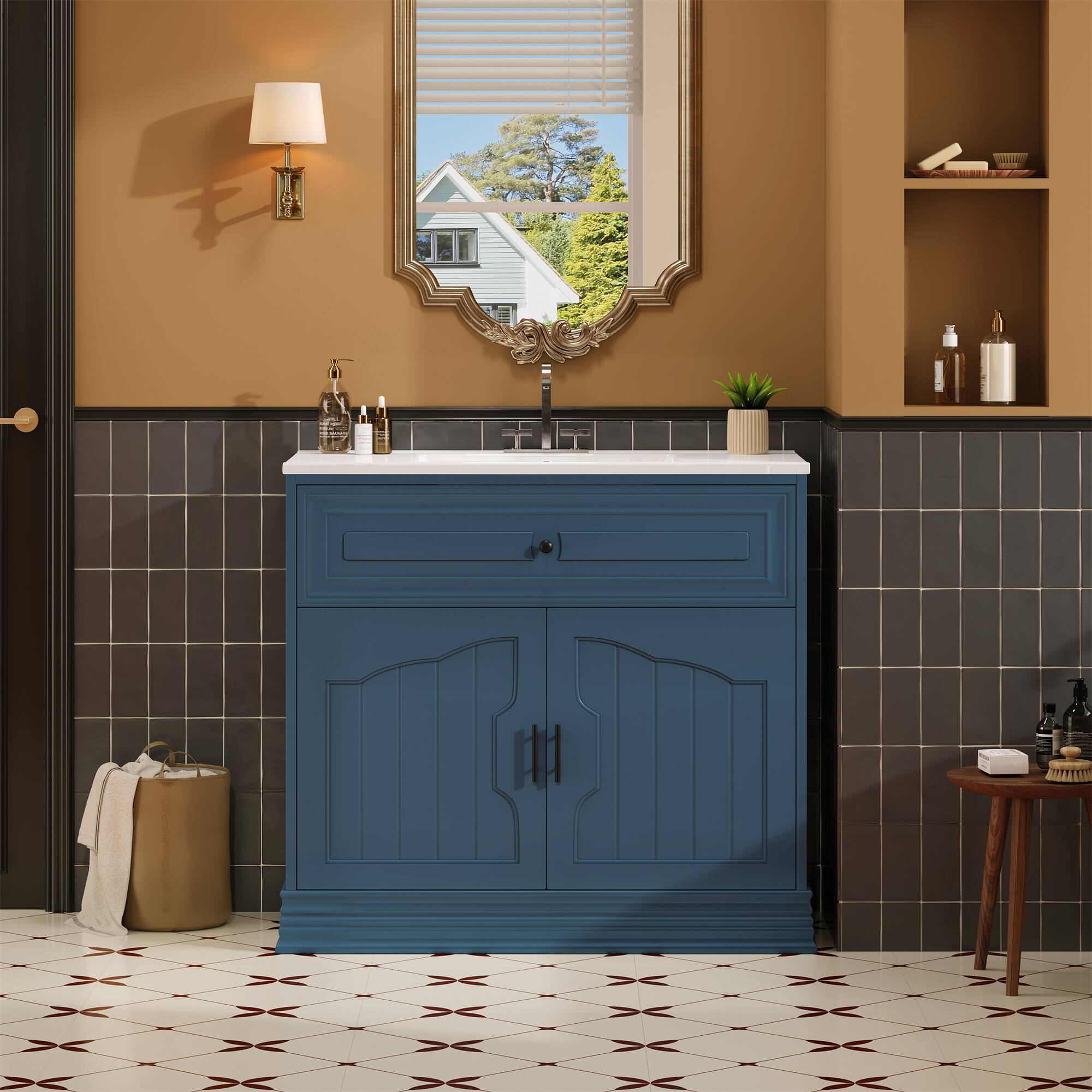 Back. Tiramisubest - 36" Bathroom Vanity with Ceramic Sink, Bathroom Vanities Cabinet, Bathroom Storage Cabinet - Blue.