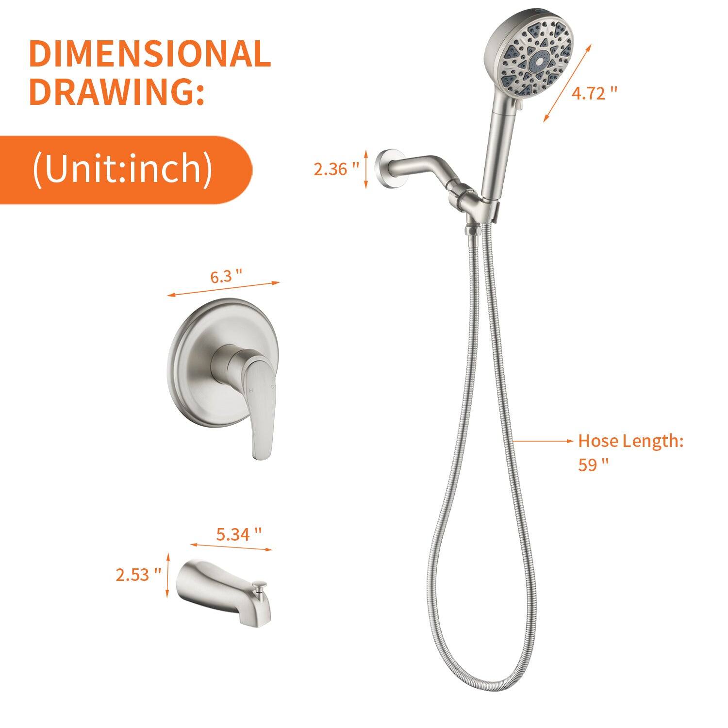 DIMENSIONAL DRAWING:  
(Unit: inch)  

- 4.72"  
- 6.3"  
- 2.36"  
- 5.34"  
- 2.53"  
- Hose Length: 59"