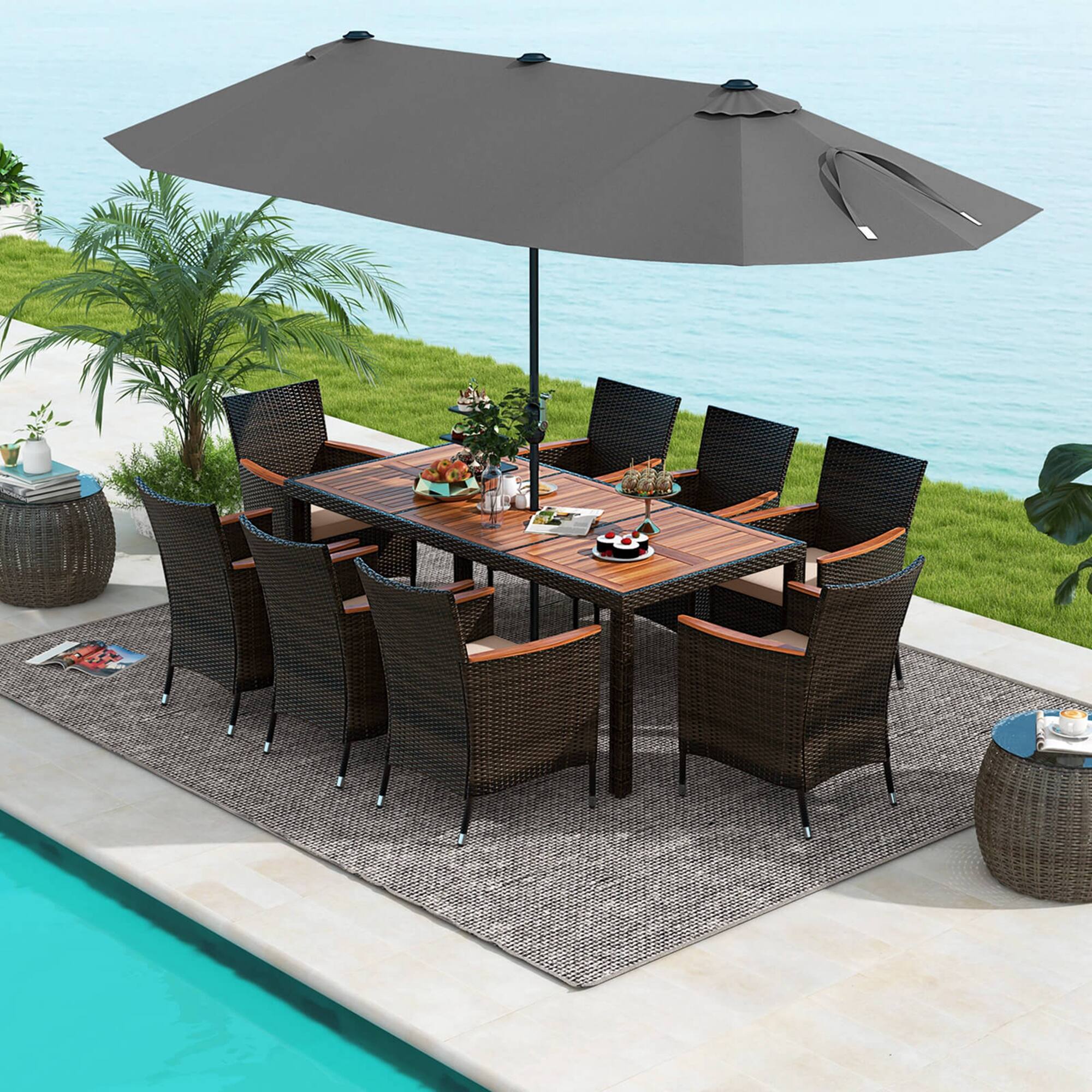 Alt View 3. Costway - 11 PCS Patio Dining Set with 15ft Double-Sided Patio Umbrella (Base Included) - Mix Brown + Grey.