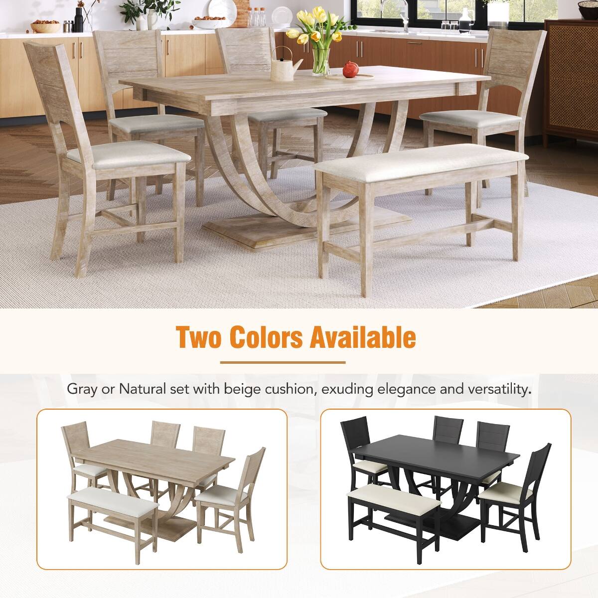 Loheer 6 Piece Dining Table Set With Bench, Modern Seadrift Rubberwood ...
