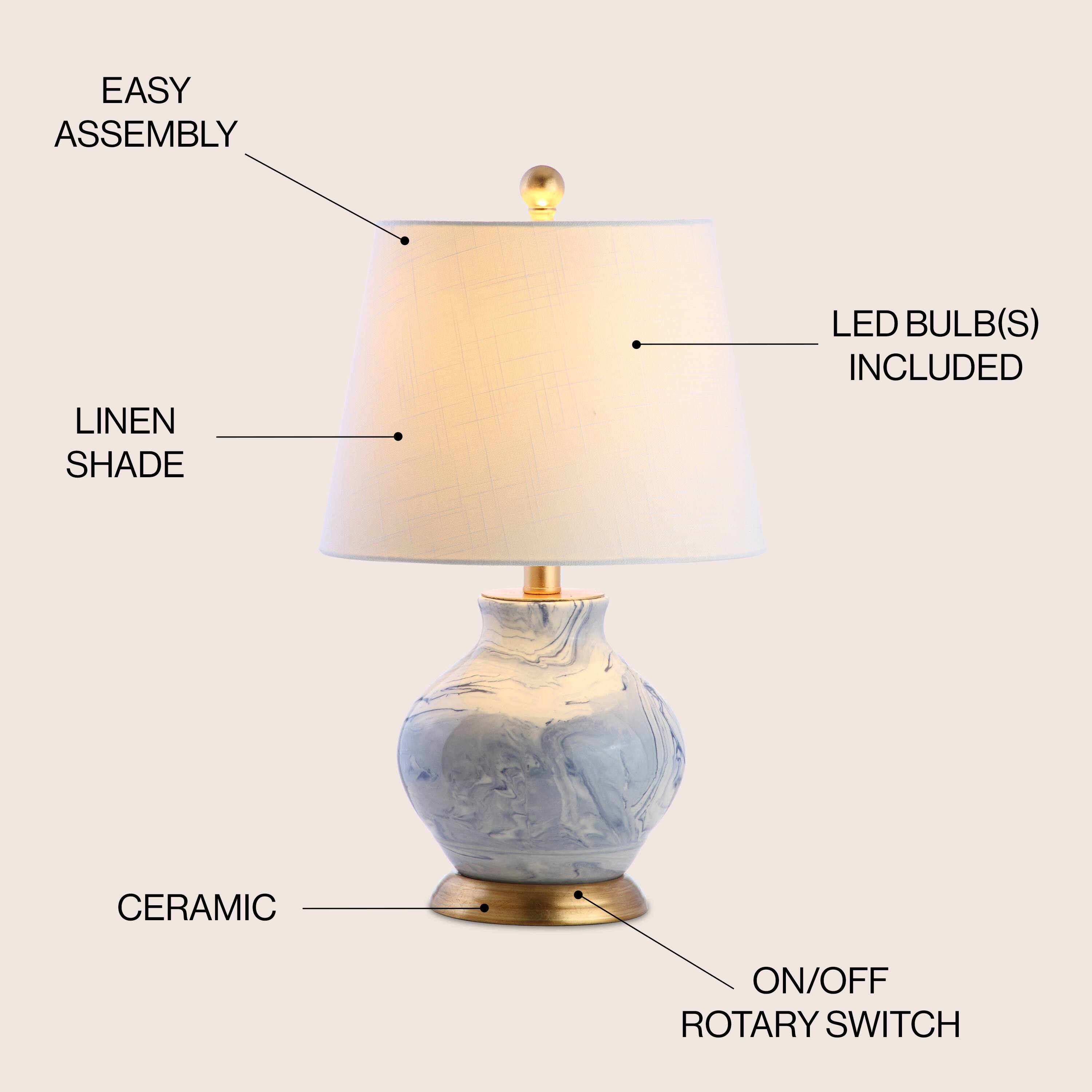 EASY ASSEMBLY  
LINEN SHADE  
LED BULB(S) INCLUDED  
CERAMIC  
ON/OFF ROTARY SWITCH