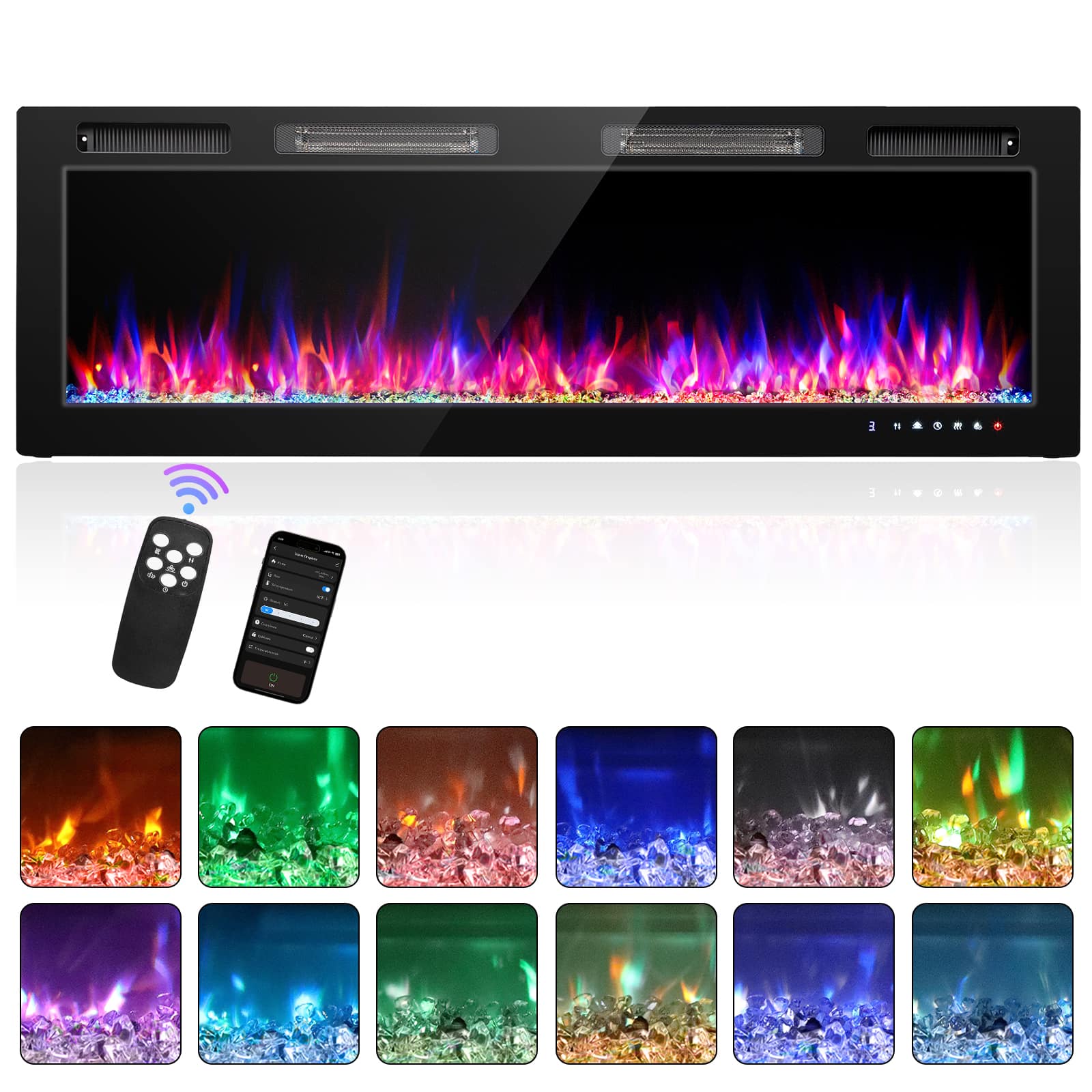 Winado - 70" Electric Fireplace Insert, 1500W Wall-mounted/Built-in Fireplace Heater with WIFI Control, Remote Control, 12 Color - Black