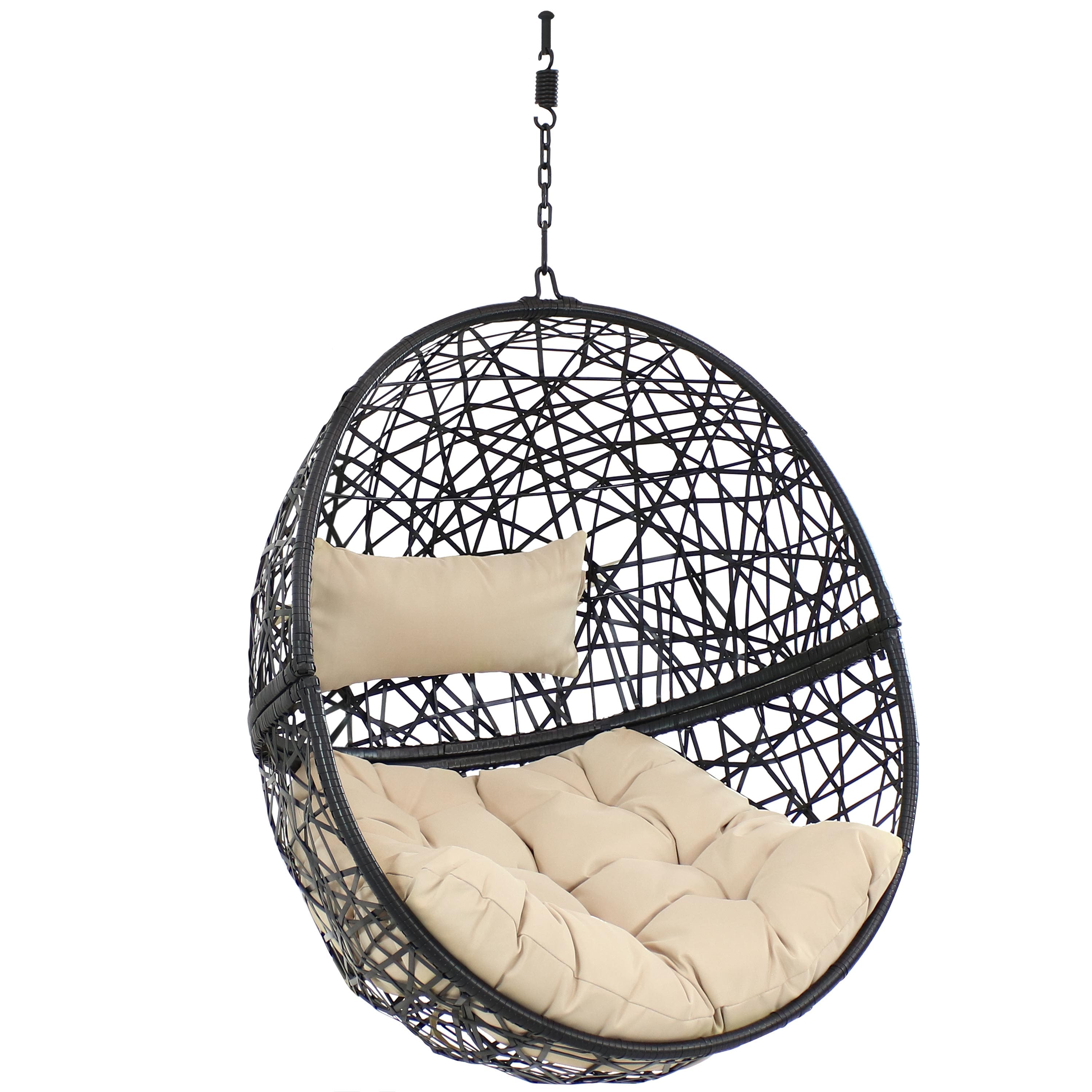 Sunnydaze - Black Resin Wicker Round Hanging Egg Chair with Cushions - Cream
