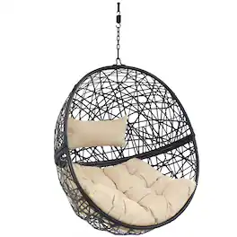Sunnydaze - Black Resin Wicker Round Hanging Egg Chair with Cushions - Cream