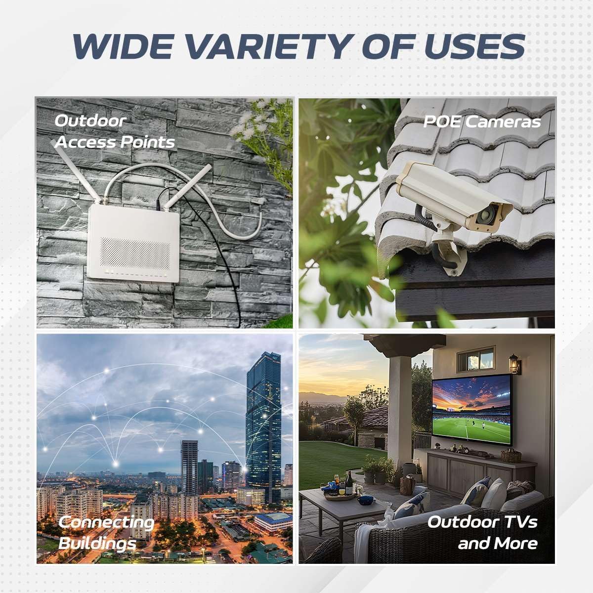 WIDE VARIETY OF USES

- Outdoor Access Points
- POE Cameras
- Connecting Buildings
- Outdoor TVs and More