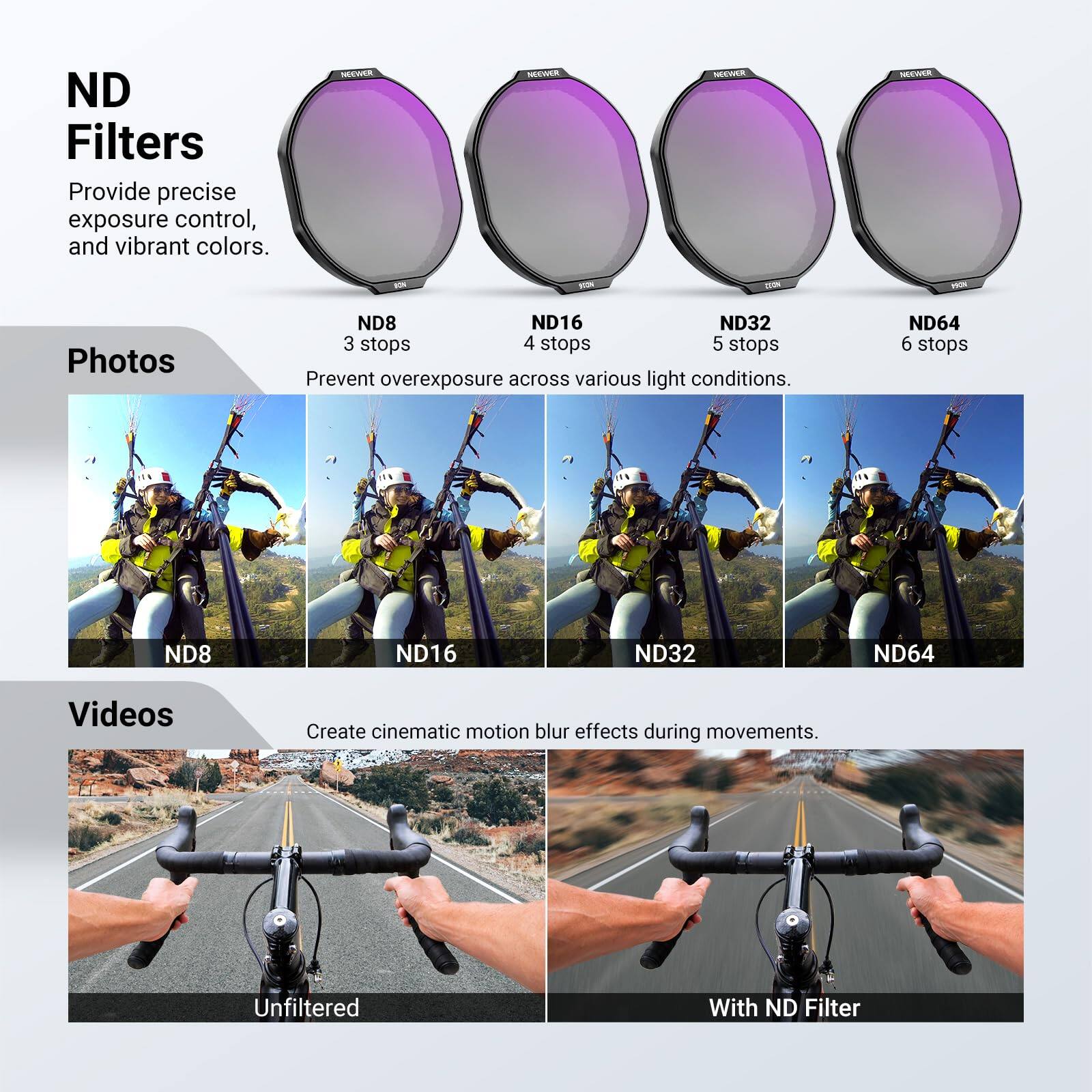 ND Filters  
Provide precise exposure control, and vibrant colors.

**Photos**  
ND8 - 3 stops  
ND16 - 4 stops  
ND32 - 5 stops  
ND64 - 6 stops  
Prevent overexposure across various light conditions.

**Videos**  
Create cinematic motion blur effects during movements.  
Unfiltered  
With ND Filter