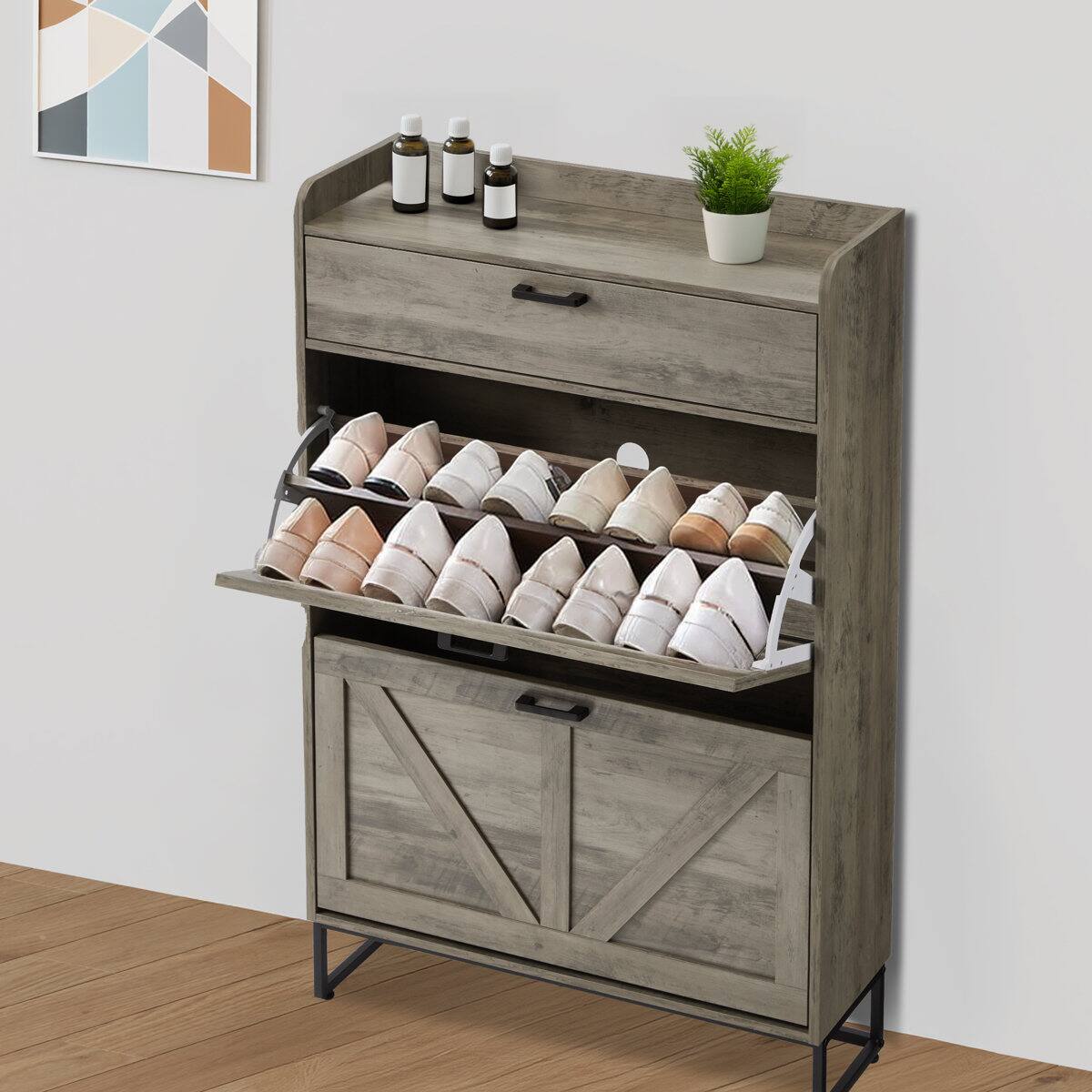 Left. U-HOMY - Shoe Storage Cabinet with 2 Flip Drawers, Freestanding Entryway Organizer with Adjustable Shelves and Side Hooks - Oak Gray.