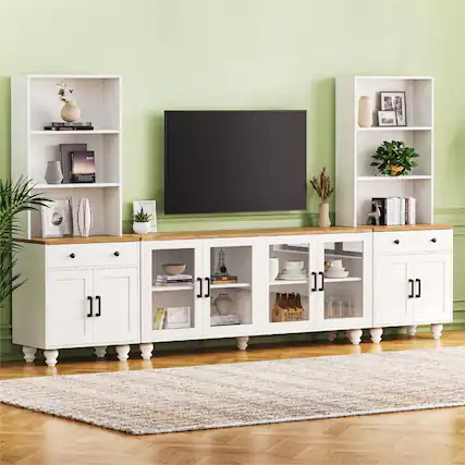 Front. APRILSOUL - Farmhouse TV Stand Gourd Legs for TVs Up to 70 Bookshelves Tempered Glass White - White,Natural.