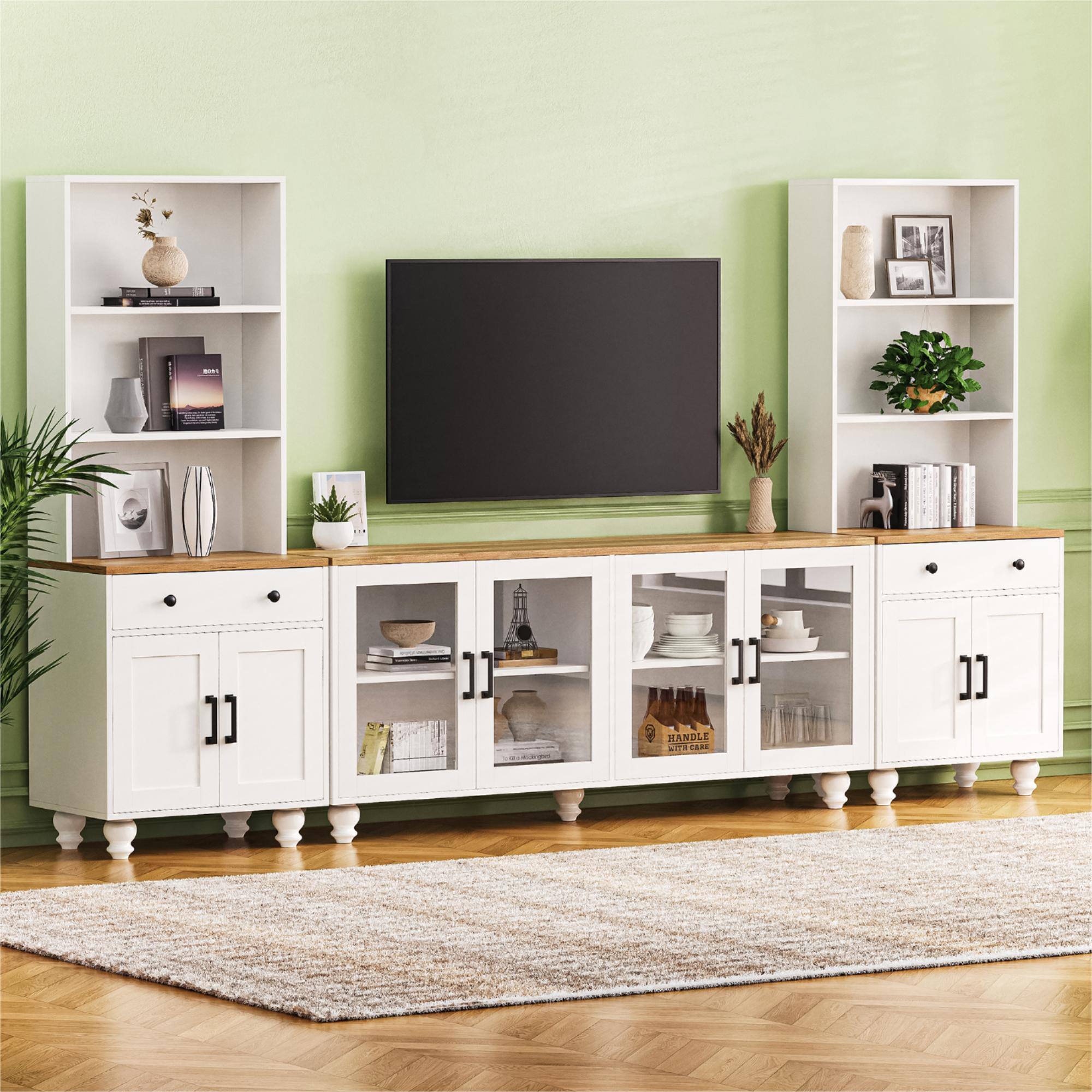Front. APRILSOUL - Farmhouse TV Stand Gourd Legs for TVs Up to 70 Bookshelves Tempered Glass White - White,Natural.