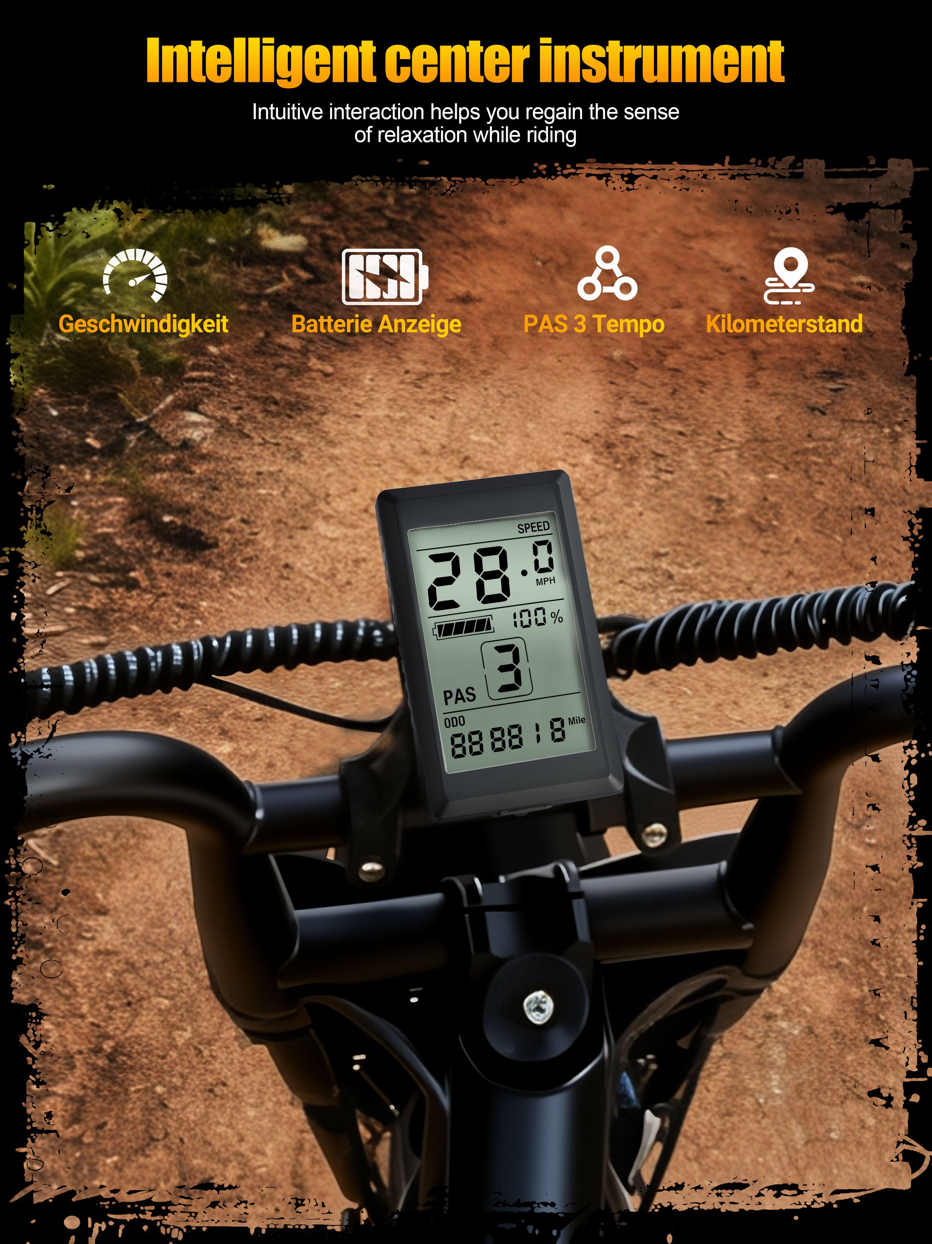 Intelligent center instrument  
Intuitive interaction helps you regain the sense of relaxation while riding  

Geschwindigkeit  
Batterie Anzeige  
PAS 3 Tempo  
Kilometerstand  

SPEED 28.0 MPH  
100%  
M.U 3  
PAS  
ODD  
Mile 8888.8