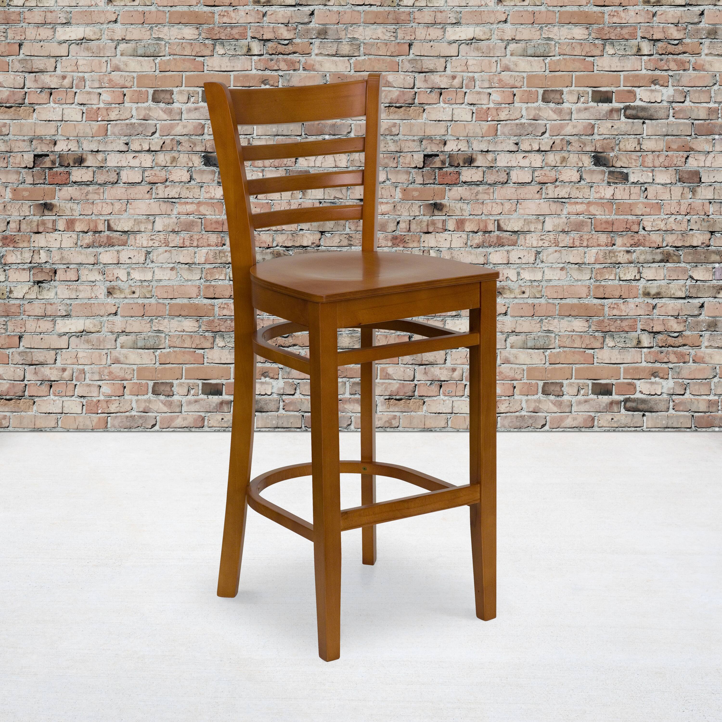 Alt View 1. Emma + Oliver - Ladder Back Wooden Restaurant Dining Barstool - Cherry Wood Seat/Cherry Wood Frame.