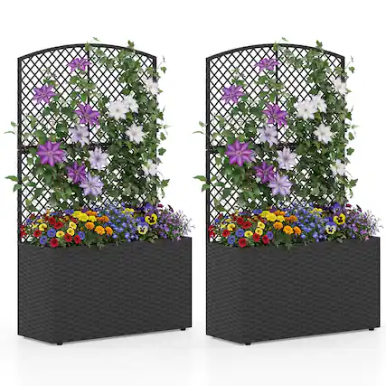 Front. Gymax - Gymax 2PCS 49'' Raised Garden Bed w/ Trellis Wicker Planter Box w/ Privacy Screen Black - Black.
