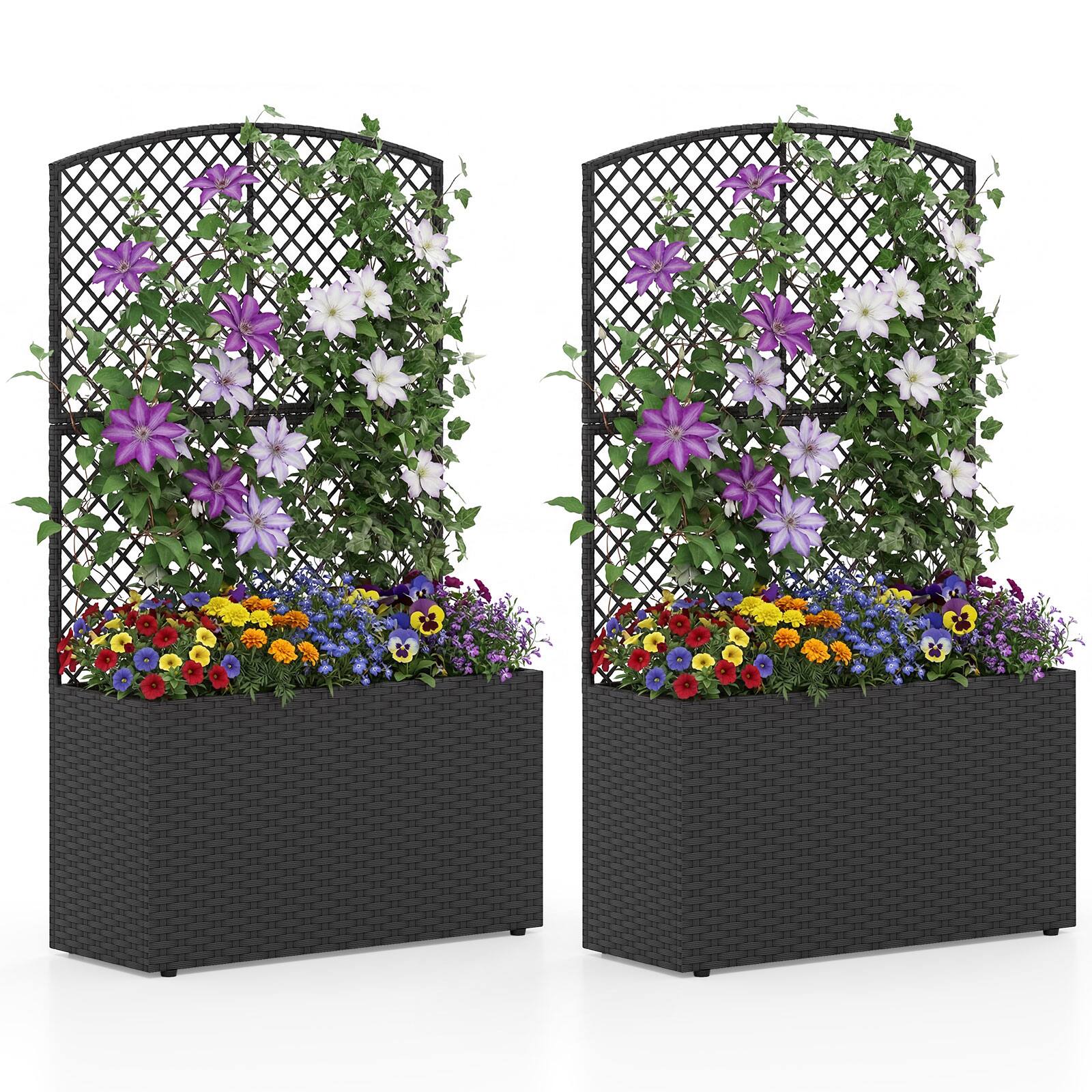 Front. Gymax - Gymax 2PCS 49'' Raised Garden Bed w/ Trellis Wicker Planter Box w/ Privacy Screen Black - Black.