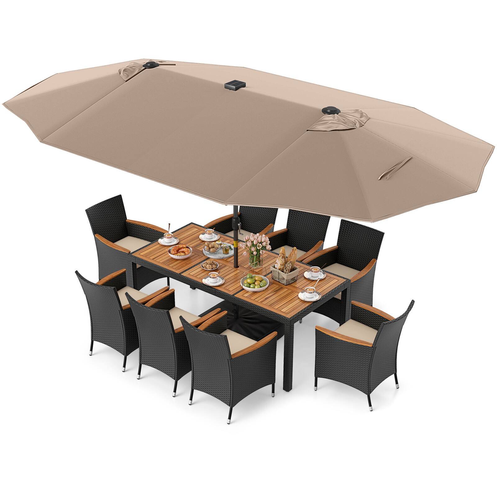 Alt View 4. Gymax - Gymax Set Of 11 Patio Dining Set w/ 15ft Double-Sided Patio Umbrella (Base Included) Coffee - Coffee.