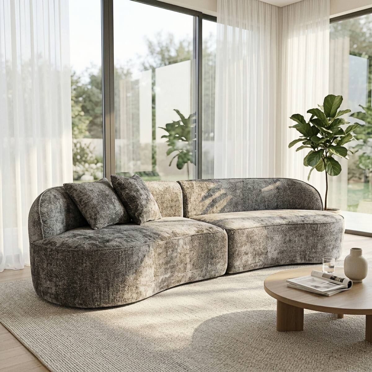 Front. Ropilly - Ropilly Curved Sectional Sofa, Dark Grey Chenille Couch with Deep Seats, Modern 4 Seat Modular Sofa - Dark Grey.