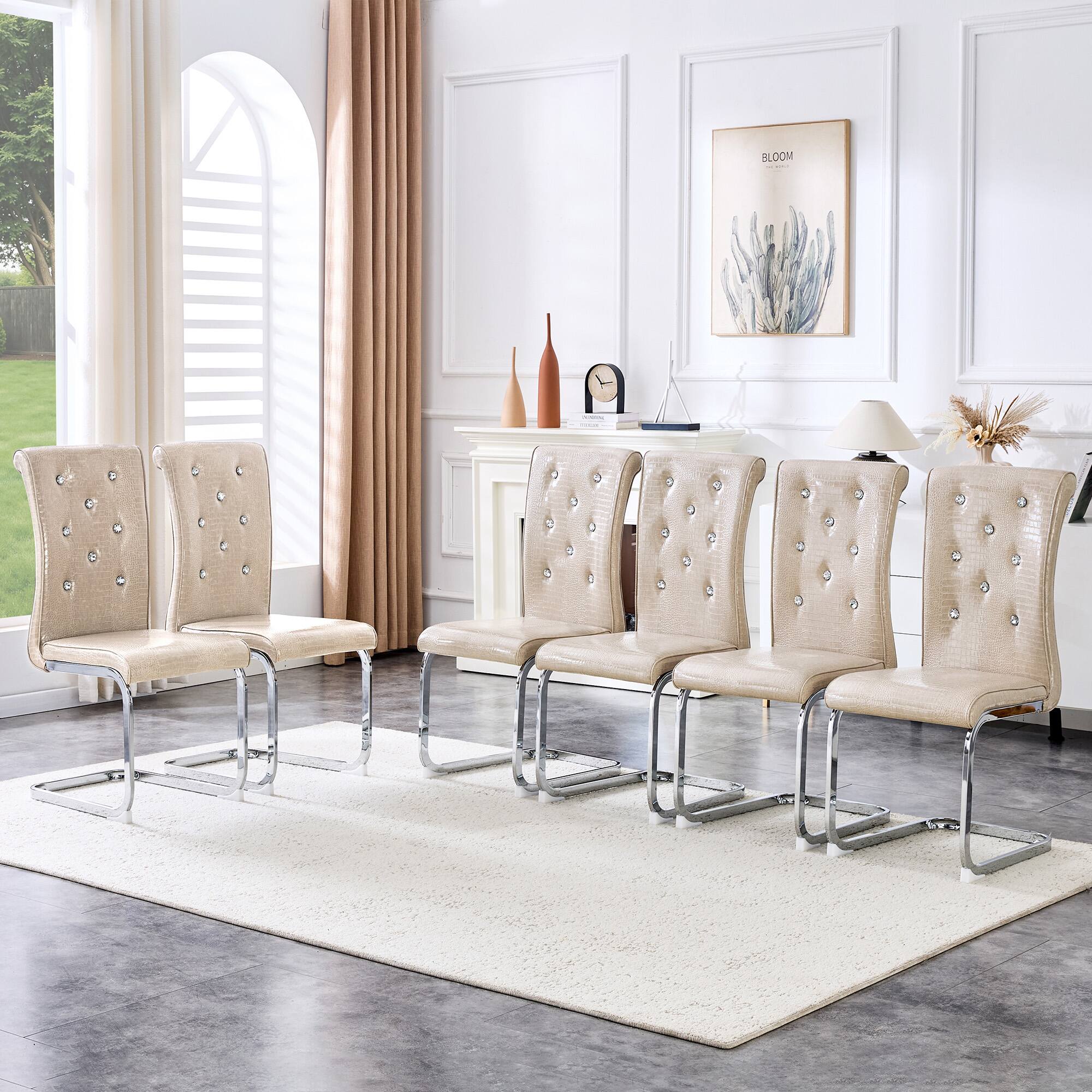 Back. Loheer - Elegant Faux Leather Dining Chairs Set of 4 Crystal Tufted Cantilever Metal Leg 1.37x1.87x3.30 ft - Beige.