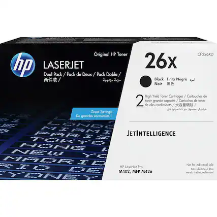 Original HP Toner
LASERJET
Dual Pack / Pack de Deux / Pack Doble / 两件装 / Great Savings! De grandes économies
26x
Black / Tinta Negra / Noir / 黑色
High Yield Toner Cartridges / Cartouches de toner grande capacité / Cartridges de toner de alto rendimiento / 大容量硒鼓
JETINTELLIGENCE
HP LaserJet Pro M402, MFP M426
Not for individual sale / Non destiné à être vendu individuellement