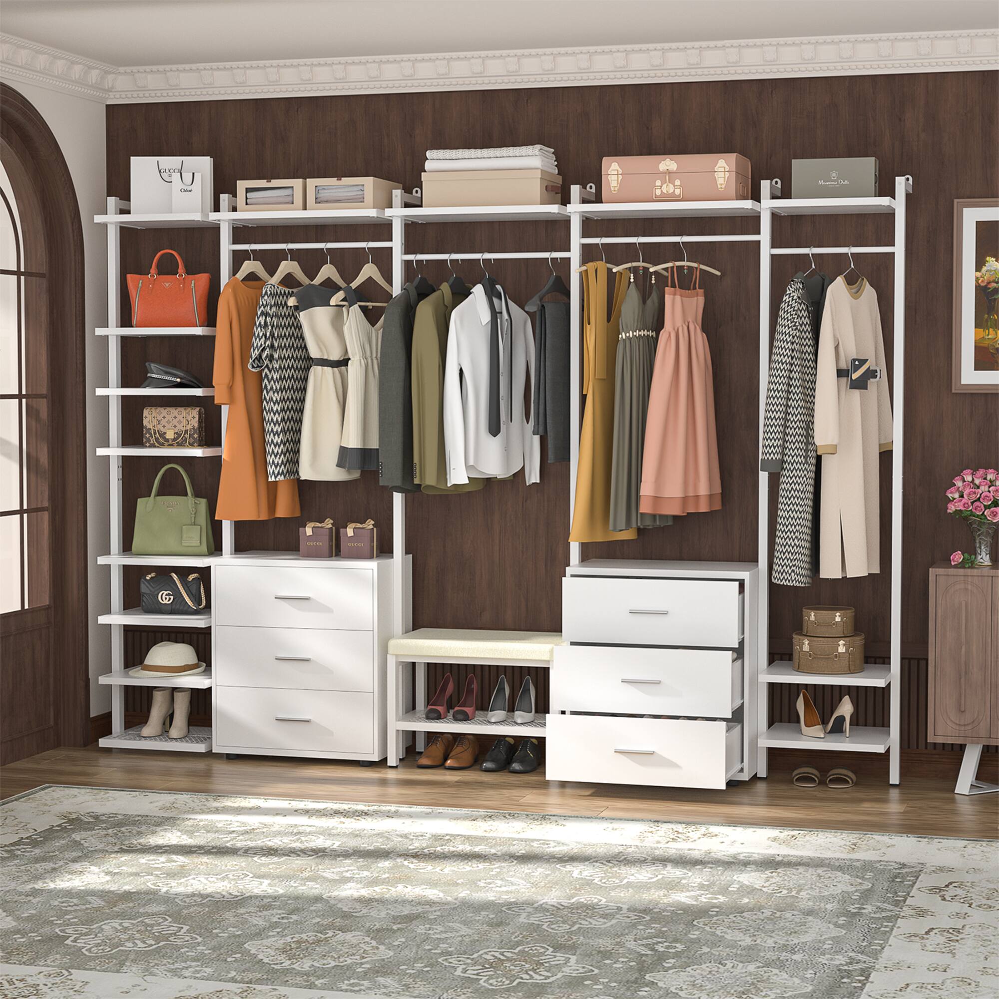 Left. Aheaplus - 8FT Wood Closet Organizer with 6 Drawers and Hanging Rack for Bedroom Storage - White.