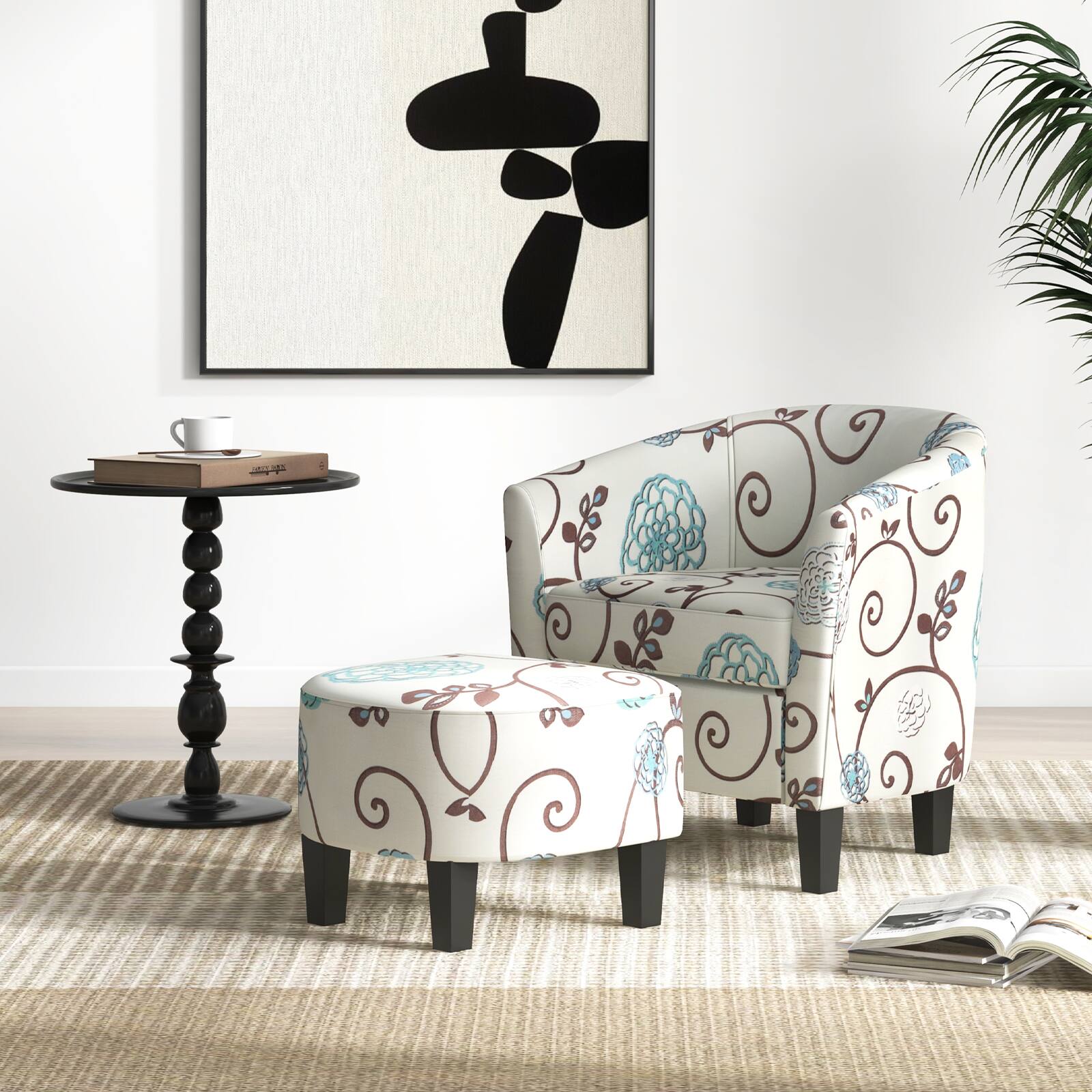 Angle. Sugift - Modern Accent Tub Chair and Ottoman Set with Fabric Upholstered - Beige/Khaki.