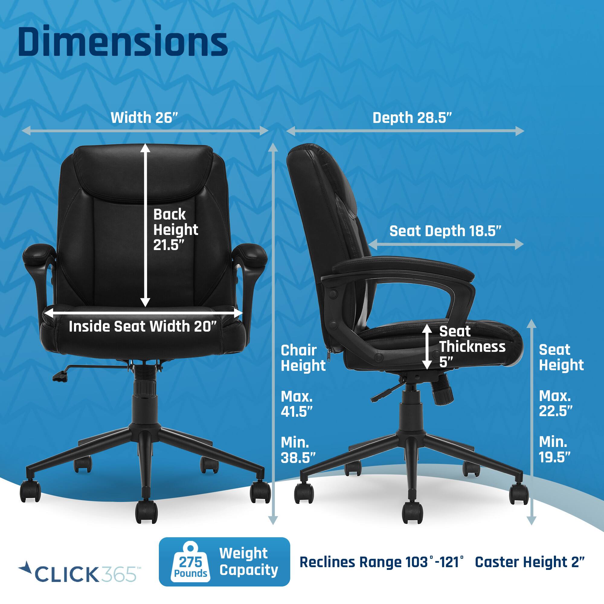 The image displays a black office chair with various measurements, including dimensions, heights, and capacities. The chair is shown in two different positions, one with the back up and one with the back down. The measurements include the width (26"), depth (28.5"), back height (21.5"), seat depth (18.5"), inside seat width (20"), chair height (seat thickness of 5"), seat height (maximum of 41.5" and minimum of 38.5"), and caster height (2"). The chair has a weight capacity of 275 pounds.