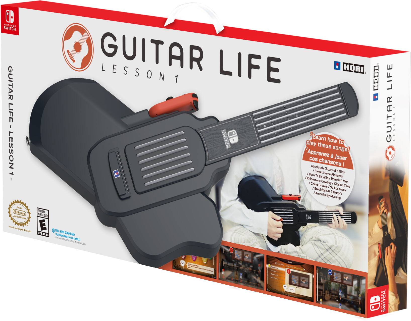 **Guitar Life - Lesson 1**

**Learn how to play these songs!**
- Absolutely (Story of a Girl)
- Sweet Home Alabama
- Be Wild
- Rhinestone Cowboy
- Closing Time
- So Far Away
- Breakfast at Tiffany's
- Amarillo by Morning

**Guitar Life - Lesson 1**

**HORI**

**Nintendo Switch**

**Official Licensed Product**

**E for Everyone**

**Full Game Download**

**Product of Nintendo**

**HORI**