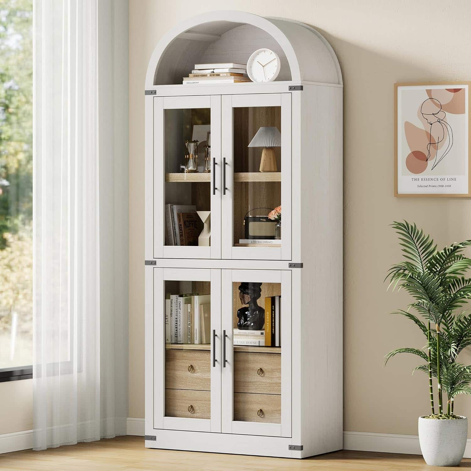 Homhougo- Arched Bookshelf with Doors and Drawers Farmhouse Bookcase 15.83 in Depth Display Storage Shelves 71.4 in Tall Wooden- White
