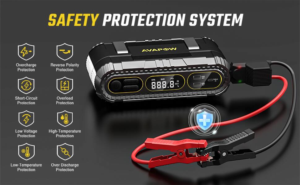 SAFETY PROTECTION SYSTEM

4. Overcharge Protection
Reverse Polarity Protection

AVAPOW BAR
PS: K
IN OUT
888.8
1
1E
D
O

J BuT

Short-Circuit Protection
Overload Protection
Low Voltage
High-Temperature Protection

Protection + MRNTE TAAT

Low-Temperature Over Discharge Protection