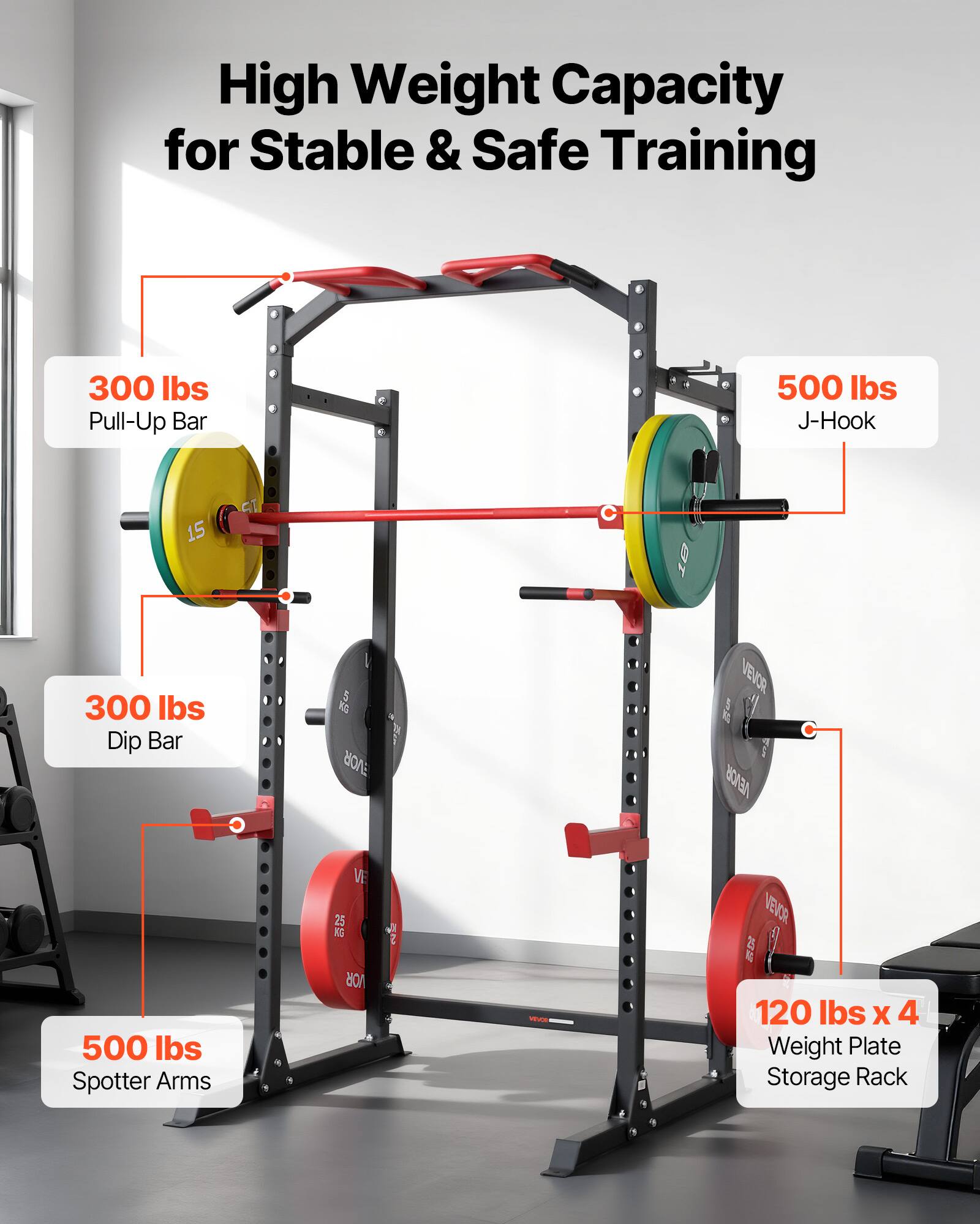 High Weight Capacity for Stable & Safe Training

- 300 lbs Pull-Up Bar
- 500 lbs J-Hook
- 300 lbs Dip Bar
- 500 lbs Spotter Arms
- 120 lbs x 4 Weight Plate Storage Rack