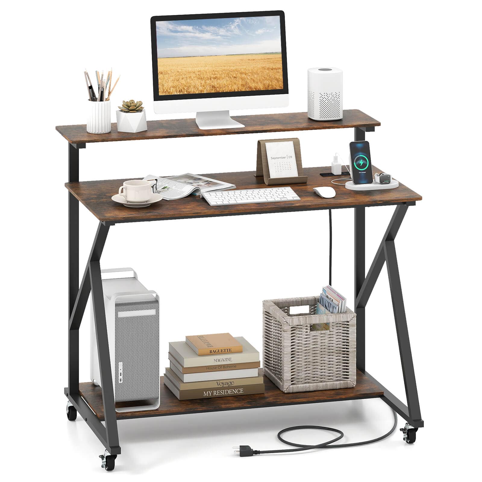 Costway - Rolling Computer Desk with Charging Station Monitor Stand Storage Shelf for Writing - Rustic Brown