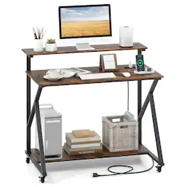 Costway - Rolling Computer Desk with Charging Station Monitor Stand Storage Shelf for Writing - Rustic Brown