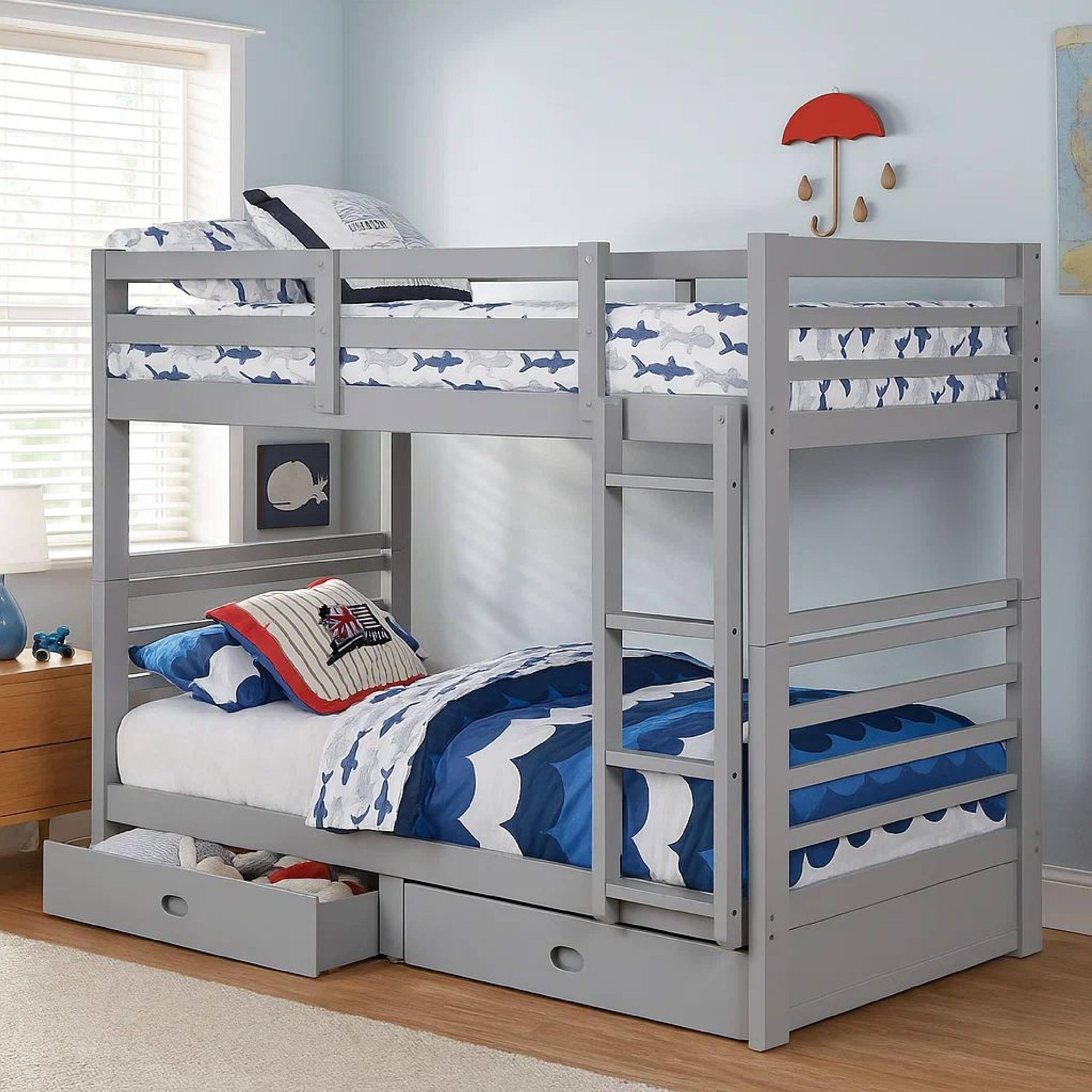 Alt View 6. Manhattan Lane - Transitional Twin Over Twin Bed with Attached Ladder and Drawers, Gray - Gray.