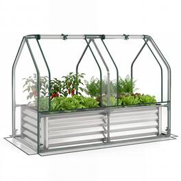 Gymax - 4 x 2 x 3 FT Small Galvanized Raised Garden Bed w/Greenhouse Cover Windows Sliver & Transparent - Silver