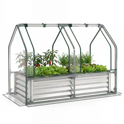 Front. Gymax - Gymax 4 x 2 x 3 FT Small Galvanized Raised Garden Bed w/Greenhouse Cover Windows Sliver & Transparent - Silver.