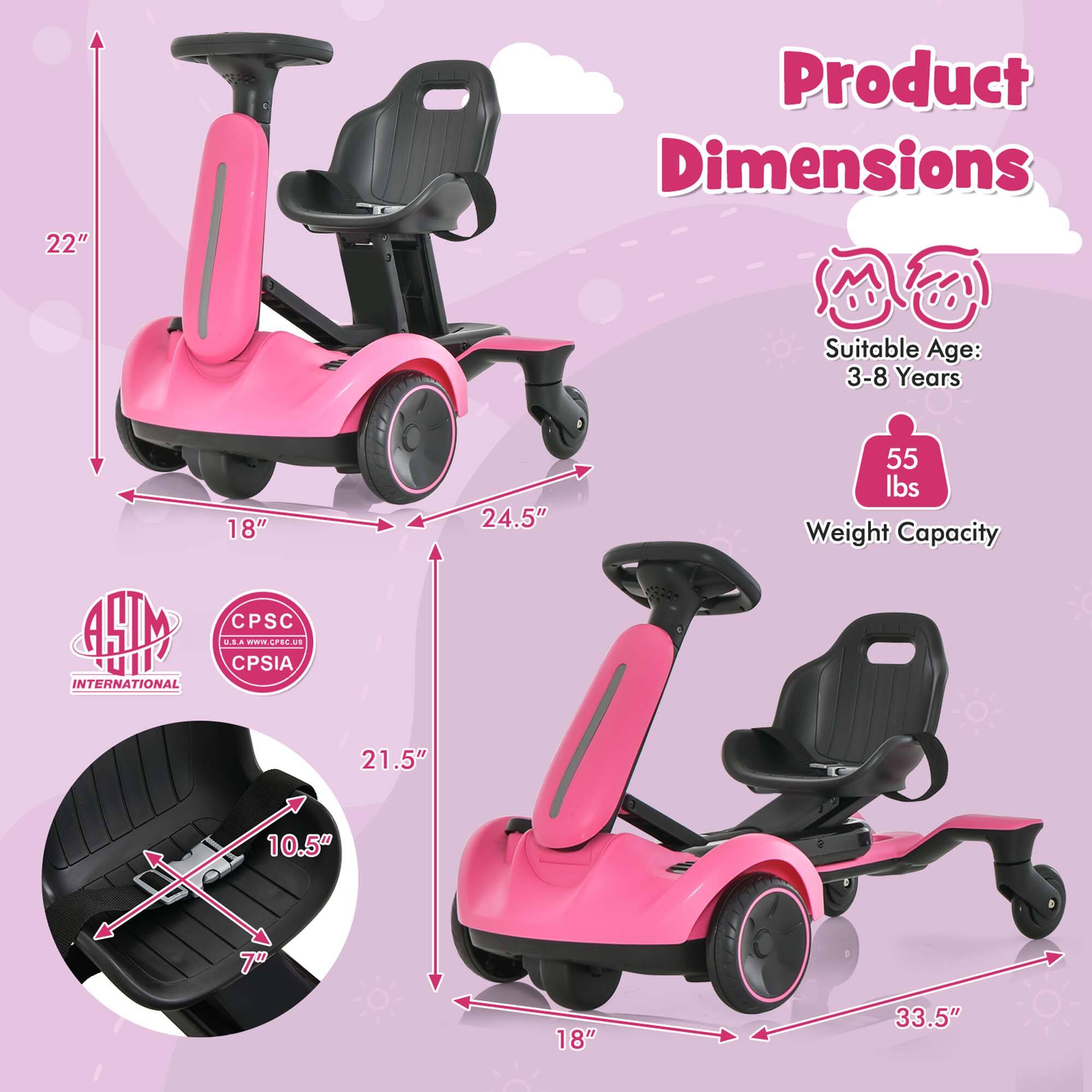 Product Dimensions:  
- Height: 22"  
- Width: 24.5"  
- Depth: 33.5"  
- Seat Height: 18"  
- Seat Width: 10.5"  
- Seat Depth: 7"  
- Backrest Height: 21.5"  

Suitable Age: 3-8 Years  
Weight Capacity: 55 lbs  

Certifications:  
- ASTM International  
- CPSC  
- CPSIA